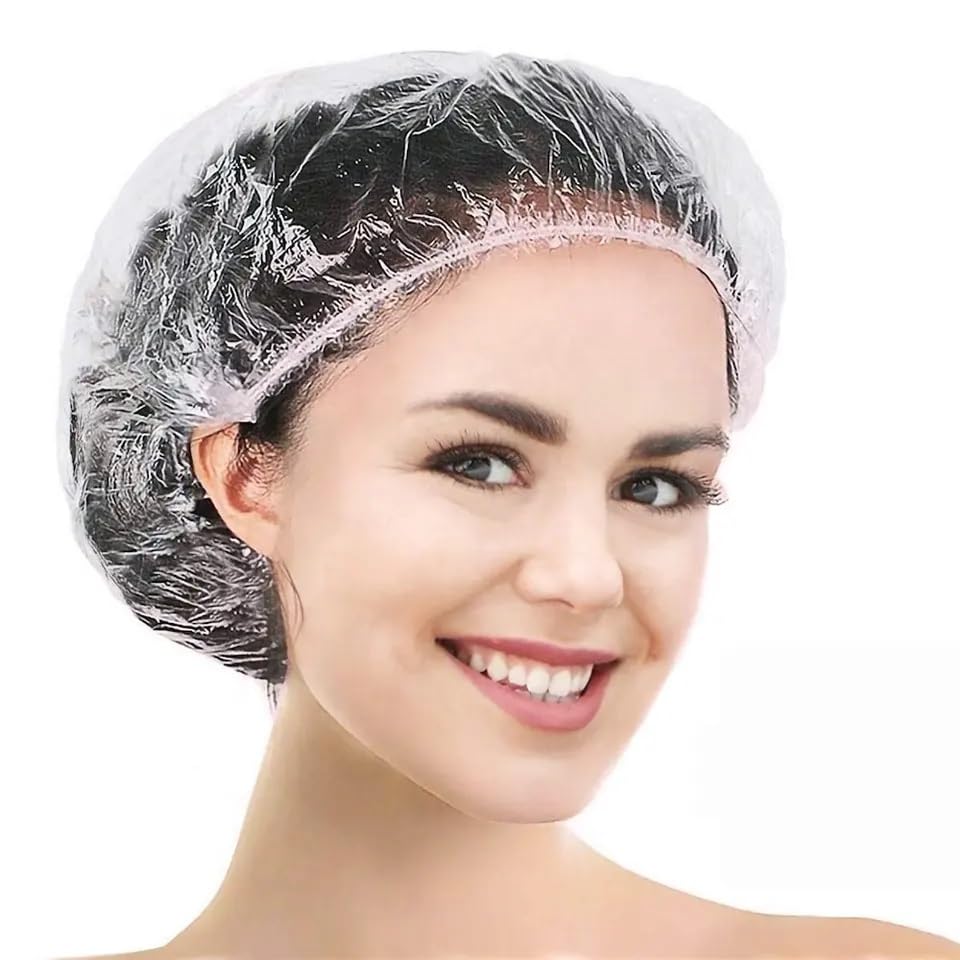 **KitchenFest® 100-Pack Disposable Shower Caps - Waterproof, Oil-Proof, Elastic Hair Cover for Spa, Salon, Hotel, Kitchen & Home Use - Perfect for Hair Dye, Bathing & Showering**