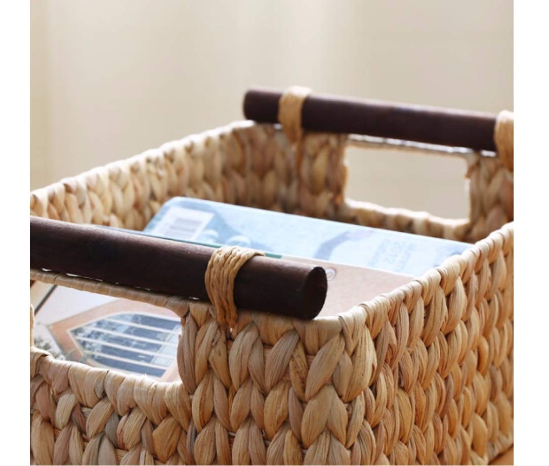 Handmade Straw American Solid Wood Handle Storage Basket - 37x26x16x13.5cm - Coffee Table Organizer, Snack Storage, Home Decor for Living Room & Bedroom