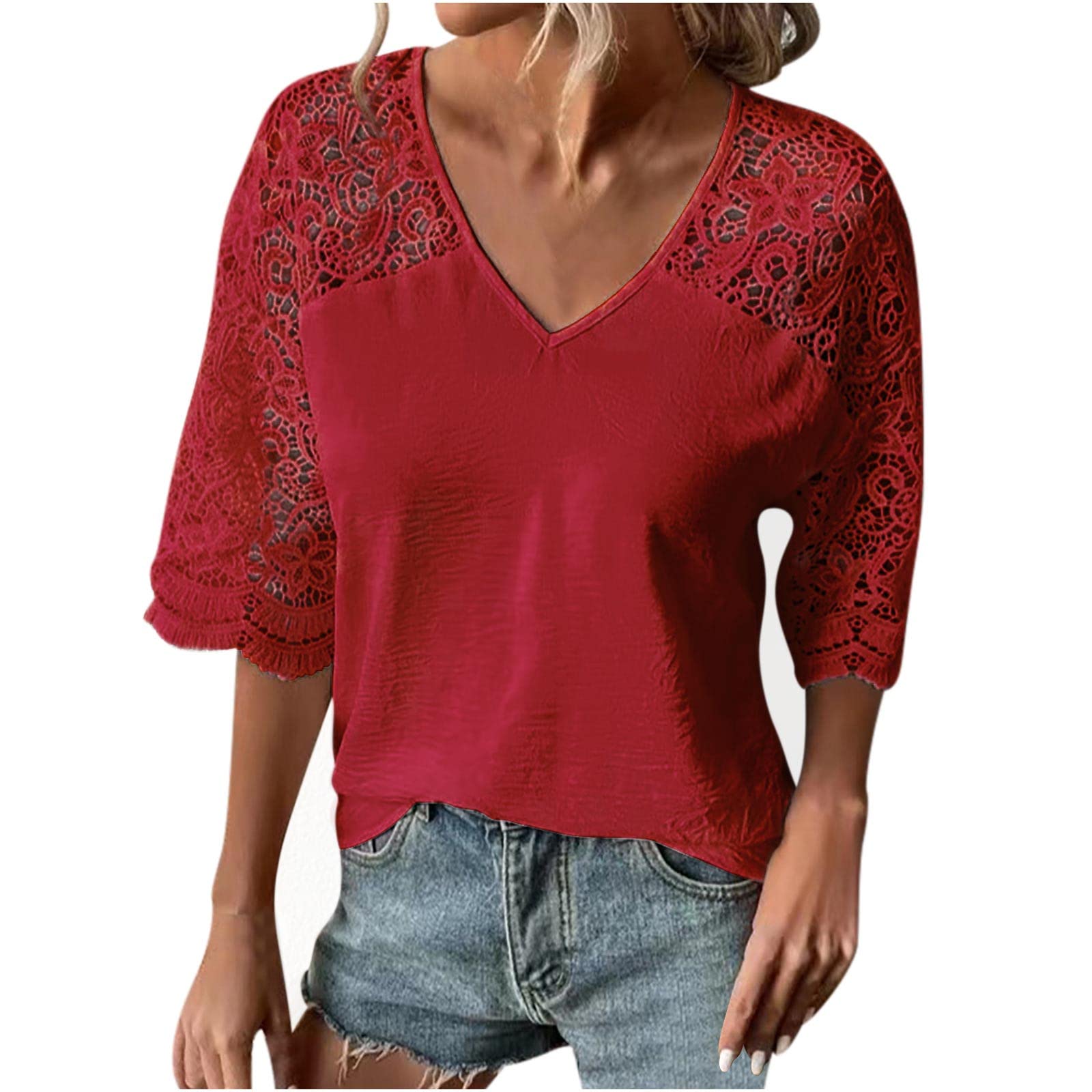 Elegant Lace V-Neck Top for Women - Summer Casual & Dressy Shirts S-5XL | Perfect for Office & Outings