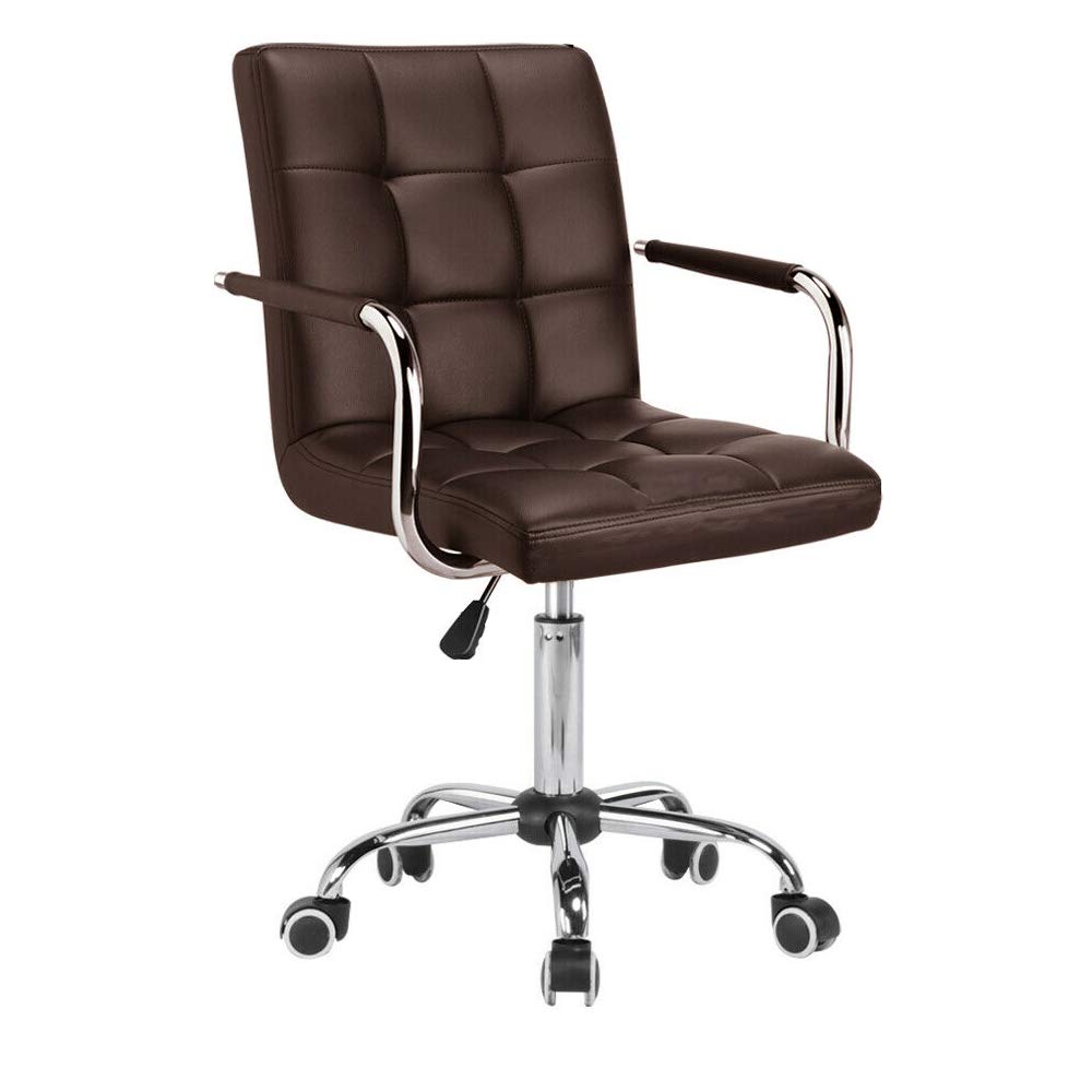 Modern PU Leather Mid-Back Office Chair with Adjustable Height, Wheels & Armrests - Ergonomic Ribbed Computer Desk Chair for Home Office, Executive Workspace, Kitchen Counter or Bar (Brown)