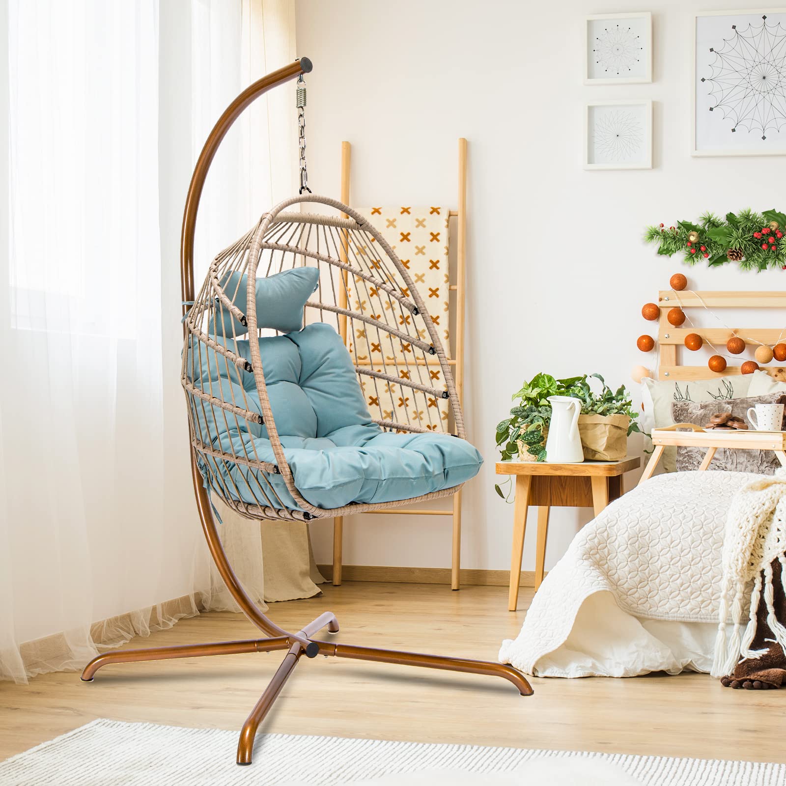 NICESOUL® Swing Egg Chair with Stand - Indoor/Outdoor Wicker Rattan Hanging Chair with UV Resistant Cushions, 350lbs Weight Capacity - Perfect for Bedroom, Balcony, Patio, Garden & Backyard Relaxation (Blue)