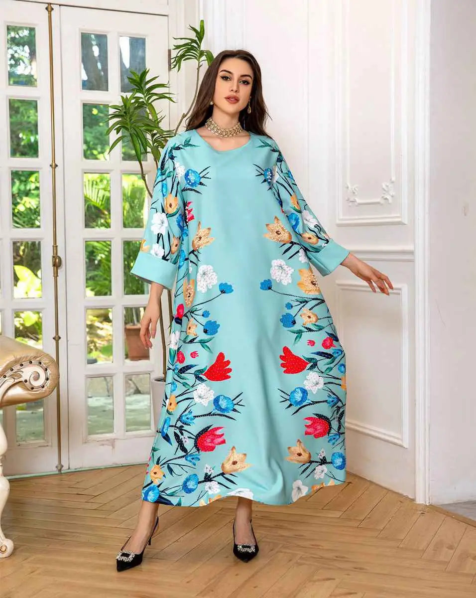 Elegant Eid Dress for Women - Arab Printed Kaftan Caftan Abaya Dress with Long Sleeves - Perfect for Eid Celebrations, Weddings & Special Occasions