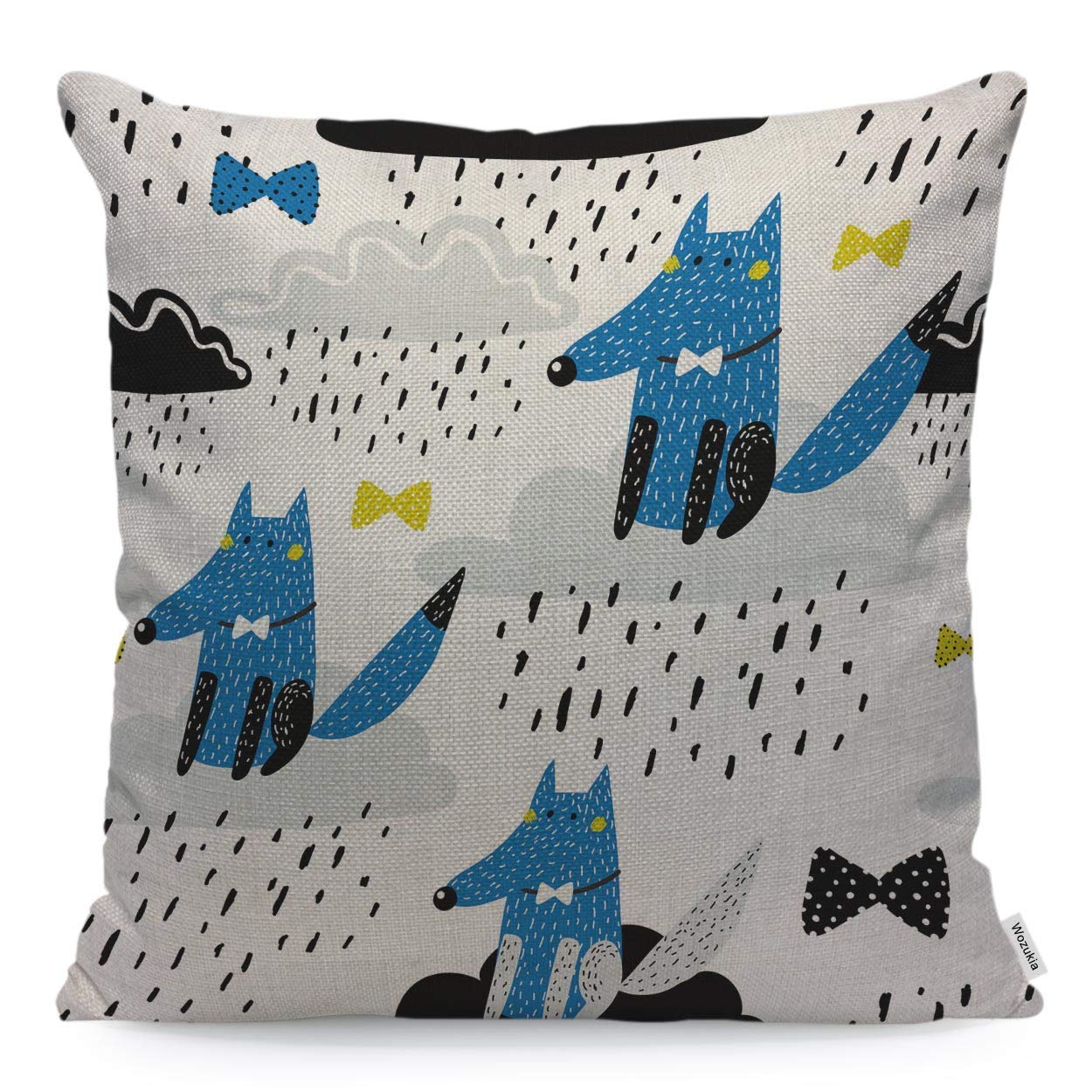 Wolf Throw Pillow Covers - Cute Wolf on Cloud with Bow - Scandinavian Style Cotton Linen Square Cushion Covers (24x24 Inch) - White, Black & Blue - Perfect for Sofa, Bed & Outdoor Decor - Rainy Day Cozy Home Accessories