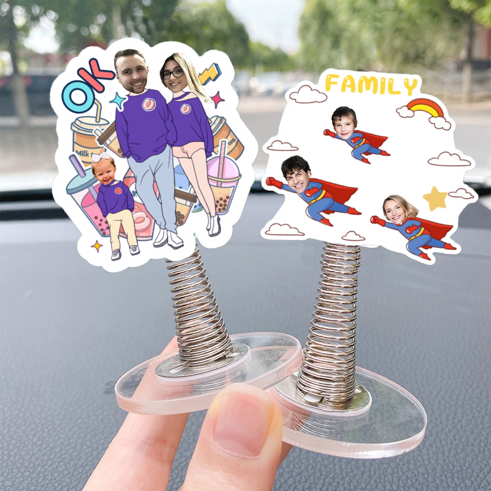 Personalized Car Dashboard Ornament - Custom Cartoon Car Decor with Spring & Suction Cup | 3-Piece Set for Interior Decoration | Perfect Gift for Car Lovers & Auto Enthusiasts | Great for Daily Commute, Road Trips & Office Desk Decor