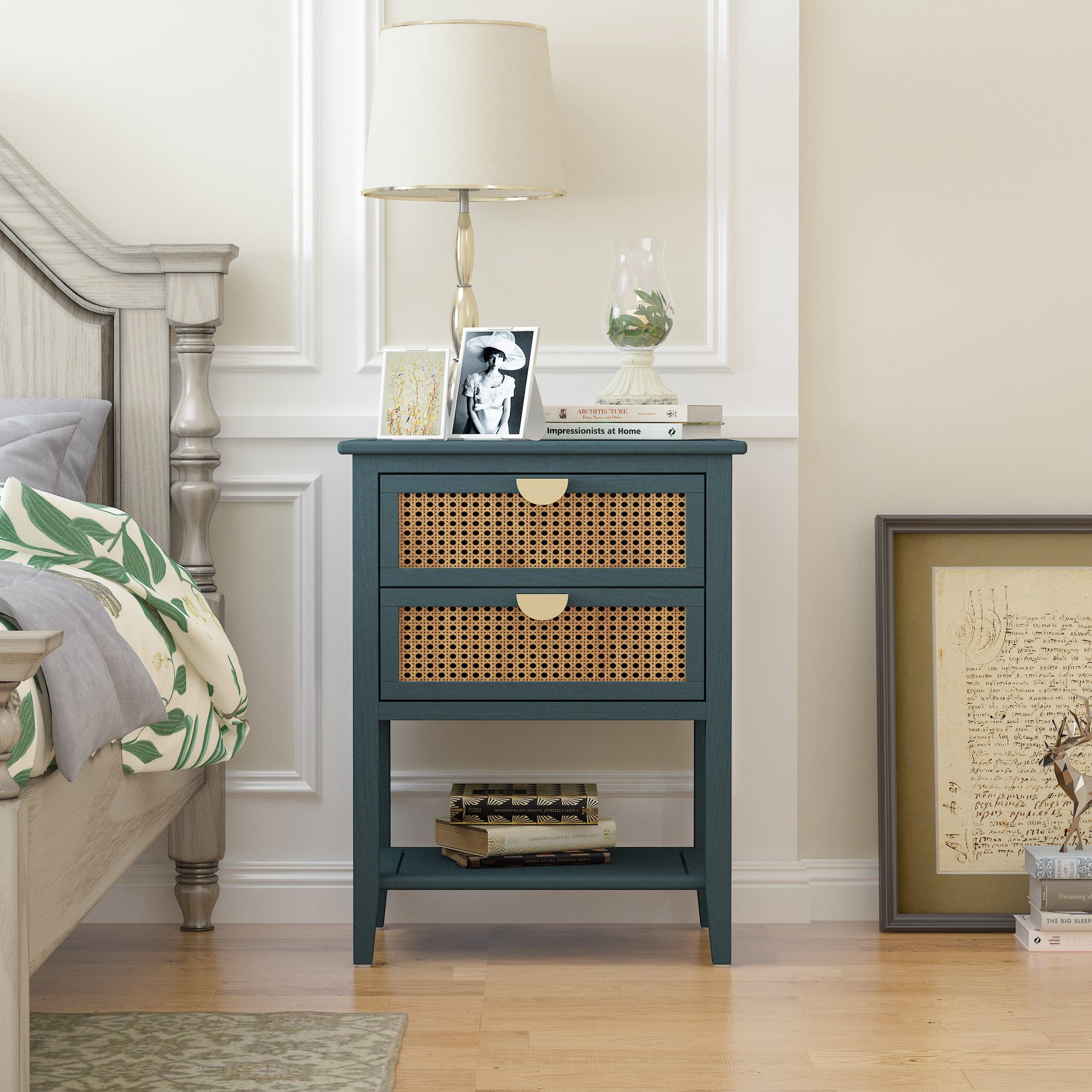 2 Drawer Rattan Side Table - Natural Woven End Table for Bedroom, Living Room, Study | Nightstand, Sofa Accent, Coffee Table Companion