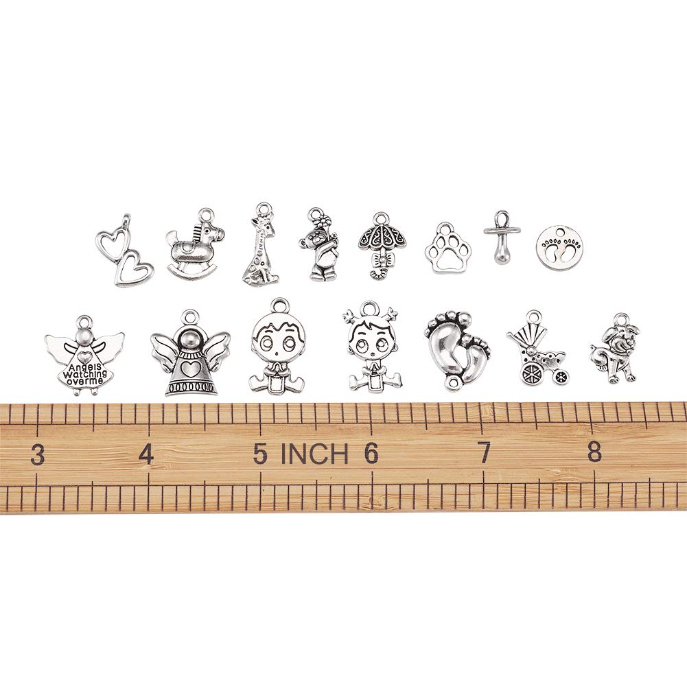 KISSITTY 150pcs Tibetan Antique Silver Baby Theme Charm Pendants - 15 Style Dangle Beads for DIY Jewelry Making & Crafting - Perfect for Bracelets, Necklaces, Earrings & Scrapbooking Projects