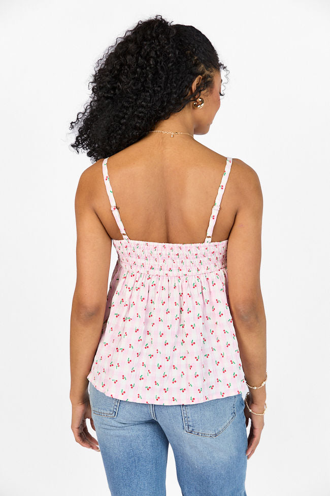 Sweet As Can Be Pink Cherry Gingham Print Tank Top - Women's Summer Casual Sleeveless Blouse for Beach, Picnic & Date Night Outfits