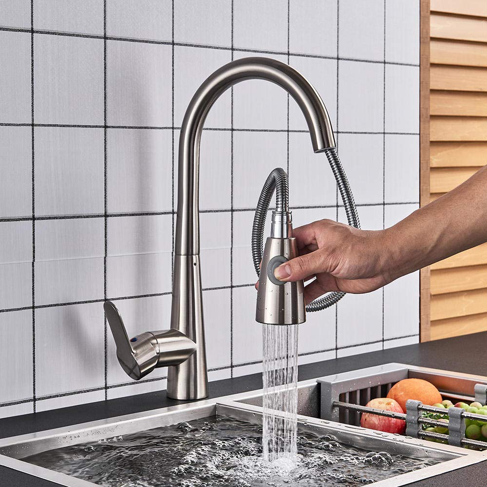 Brushed Nickel Pull-Out Sprayer Kitchen Faucet with Single Handle Mixer Tap, 360° Rotation for Hot & Cold Water, Ideal for Modern Sinks and Compact Kitchens