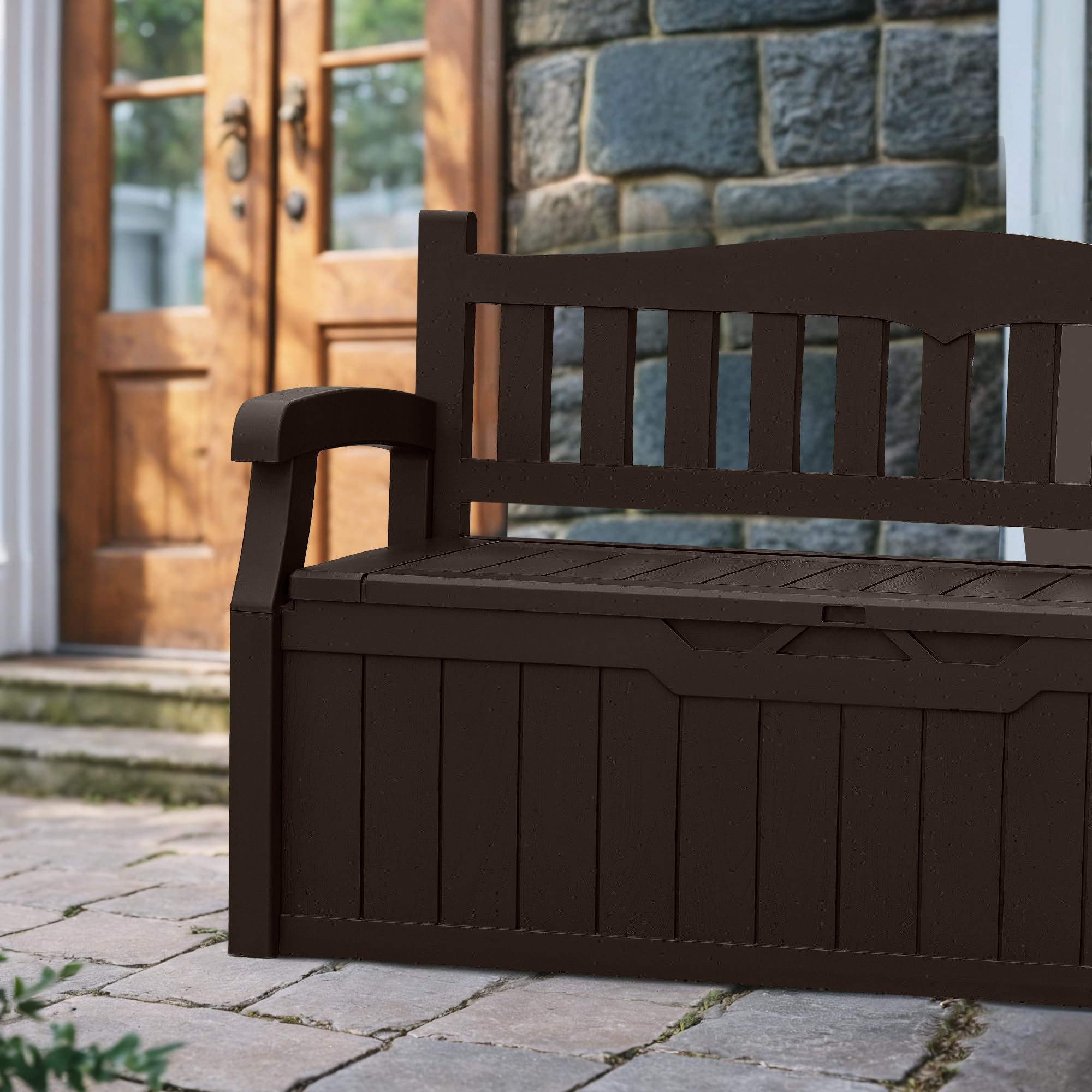 Devoko 80 Gallon Lockable Storage Bench Deck Box - Outdoor Patio Furniture, Garden Decor & Seating - Organize Cushions, Tools & Pool Supplies (Brown) - Perfect for Backyard, Deck & Poolside Storage