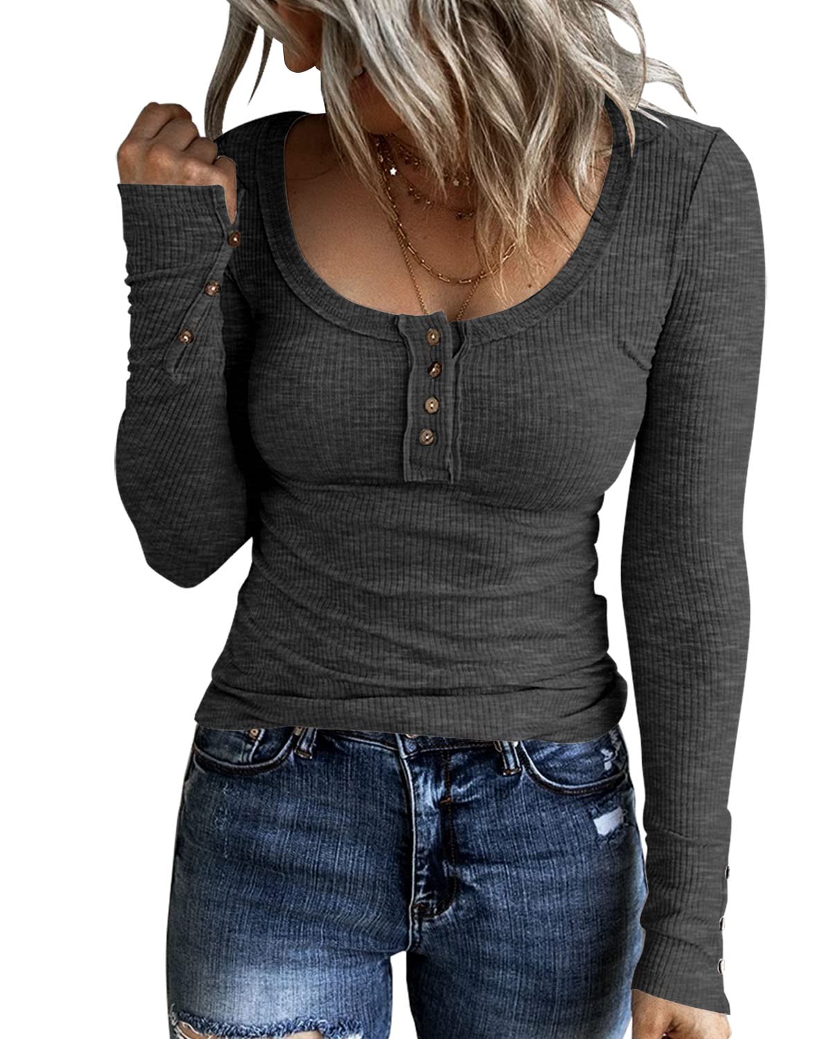 KINLONSAIR Women’s Long Sleeve Henley T-Shirts - Button Down Slim Fit Tops with Scoop Neck & Ribbed Knit - Perfect for Casual Wear, Layering & Fall Fashion