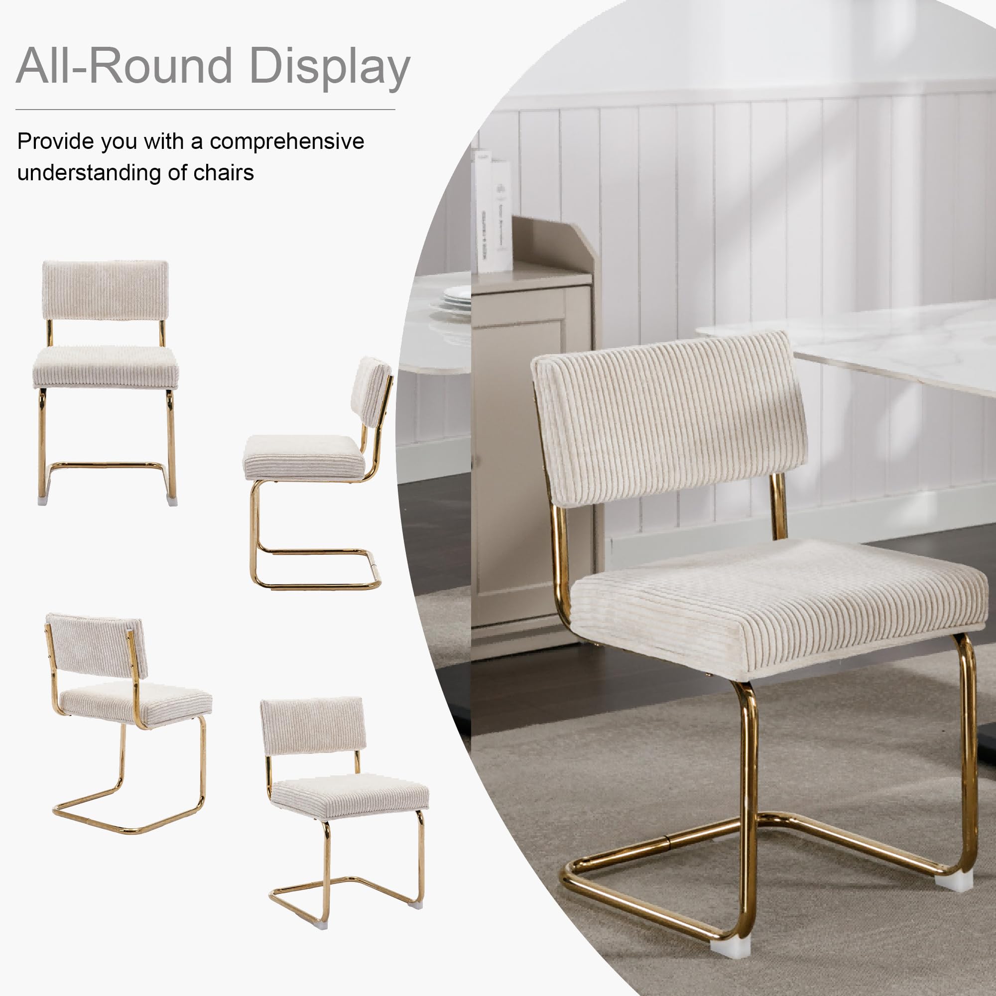 Rhomtree Modern Dining Chairs Set of 4 - Gold Metal Base & Corduroy Fabric Upholstery, Channel Tufted Armless Kitchen Chairs for Dining Room, Living Room, Bedroom - Beige | Elegant Home Decor & Comfortable Seating for Dinner Parties & Relaxation