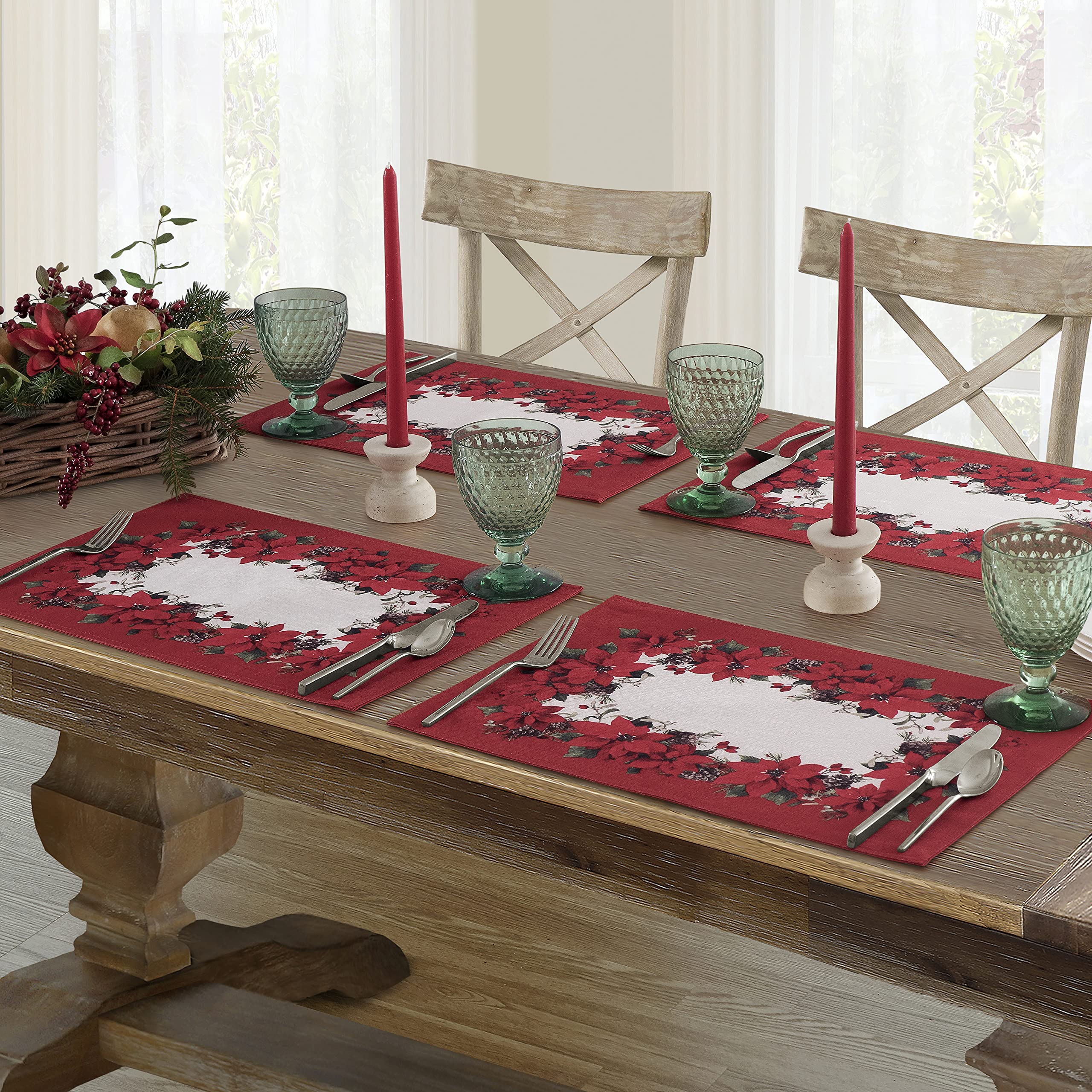 Newbridge Christmas Blooming Poinsettia Double Bordered Set of 4 Fabric Placemats - Holiday Red & White Poinsettia Dining Table Mats for Festive Decorations & Holiday Dinner Parties