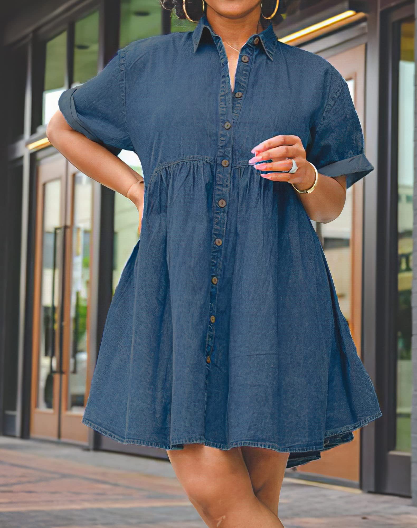 Women's Button Down Denim Babydoll Dress - Tiered Jean Dress for Casual Outings, Date Nights & Summer Fashion