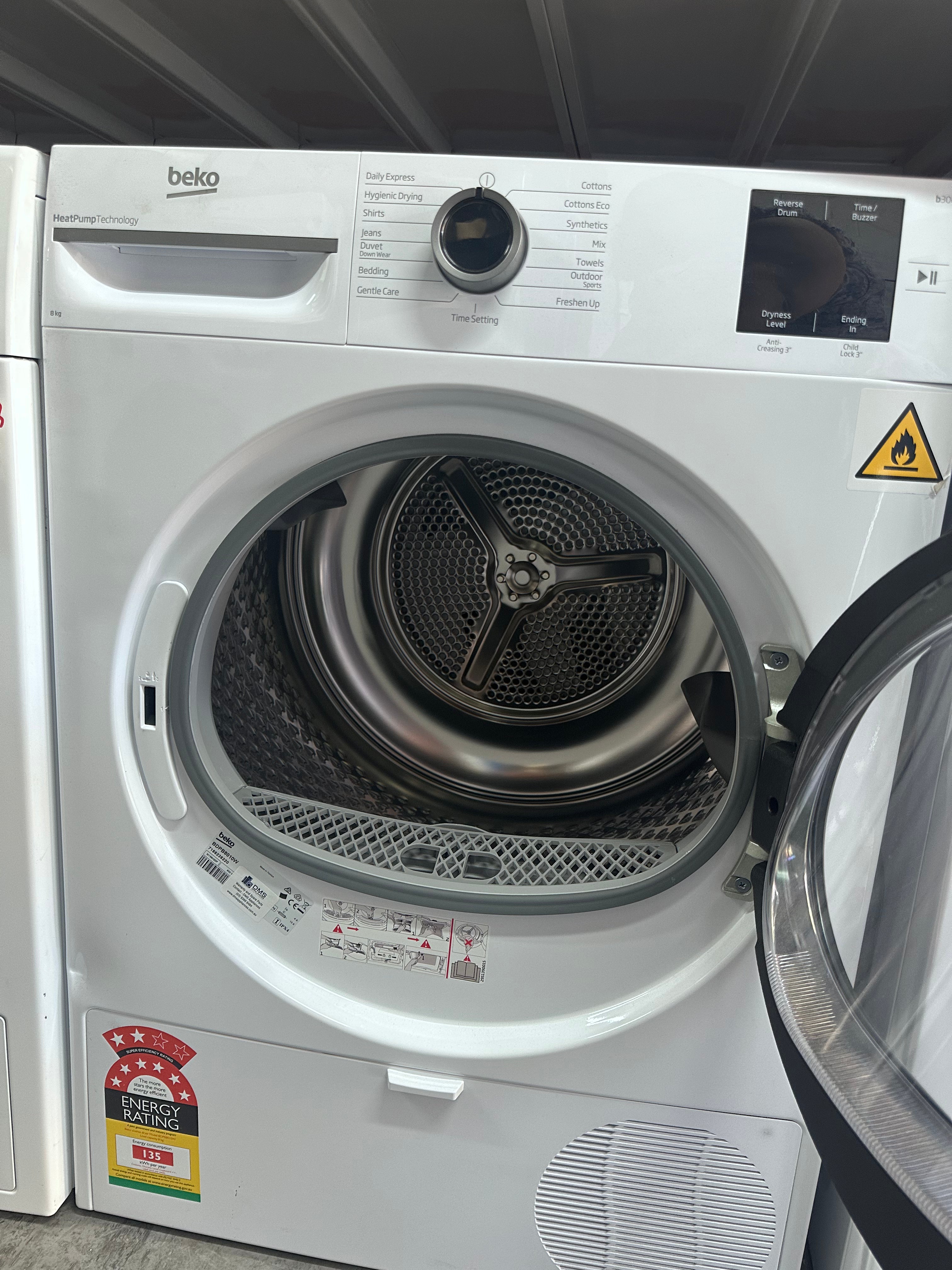 Beko 8kg Sensor Controlled Heat Pump Tumble Dryer BDPB8010W - Energy Efficient, Made in Europe (Factory Second) - Perfect for Small Apartments & Eco-Friendly Laundry