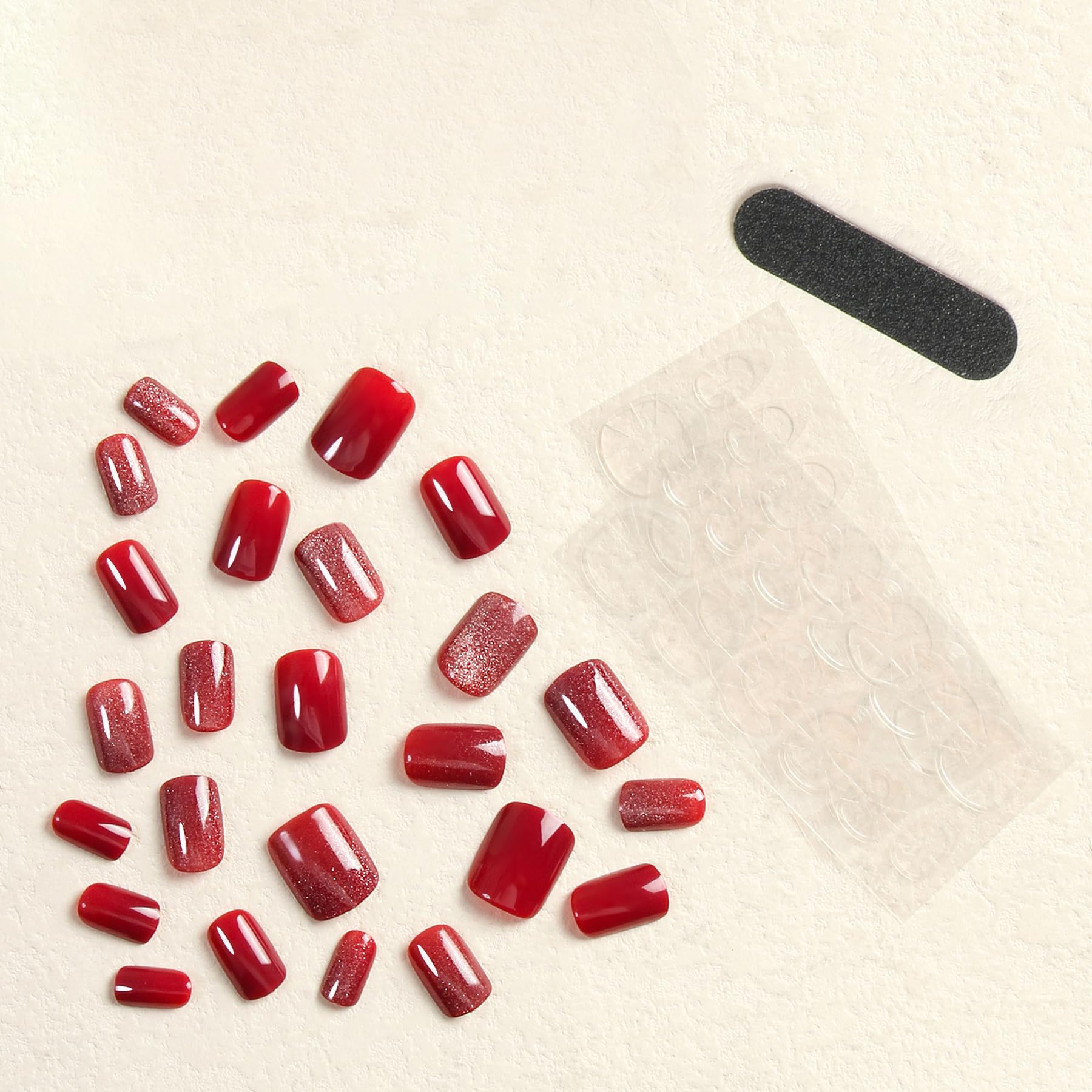 Short Square Press On Nails - 24Pcs Red Cat Eye Glossy Acrylic Fake Nails with Adhesive Tabs | Reusable & Trimmable Artificial Nails for Women & Girls | Perfect for Festivals, Parties & Daily Wear