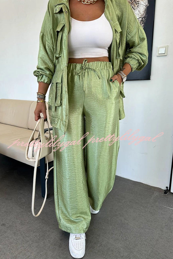 Easy on Me Metallic Fabric Elastic Waist Pocketed Wide Leg Pants for Women - Comfortable Stretchy Lounge Pants for Yoga, Travel & Casual Wear