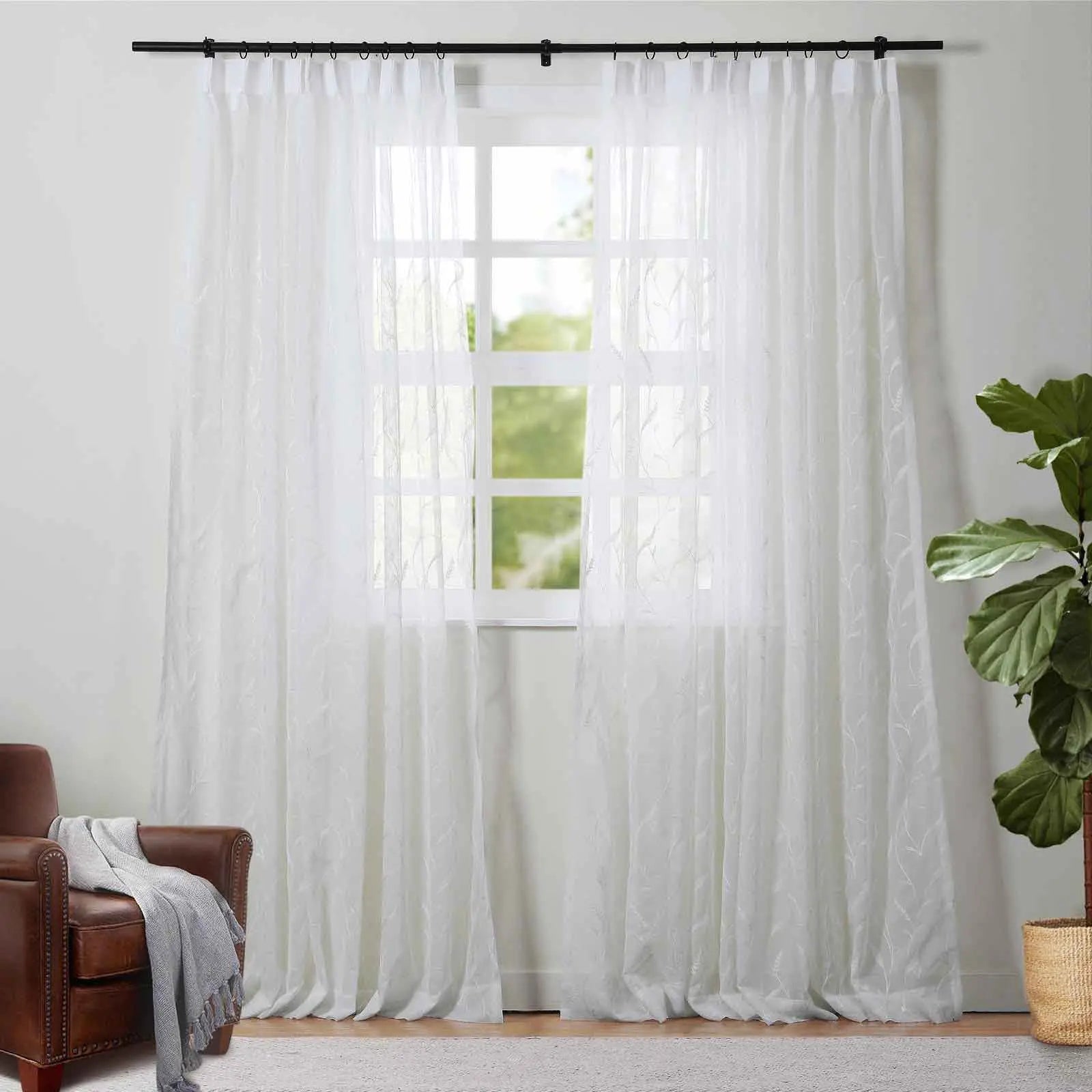 Florida Embossed White Semi-Sheer Pleated Curtains - Elegant Window Treatment for Living Room & Bedroom