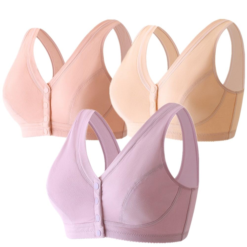 3 Pack Medium Wireless Cotton Bras for Elderly Women - Soft Cup, Front Closure, No Pads - Comfortable Everyday Wear for Seniors at Home & Nursing Care