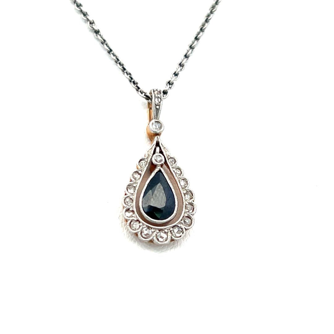 1.00 Carat Natural Blue Sapphire & 0.13 Carat Old European Cut Diamond 14K White Gold Pendant Necklace for Women - Elegant Gift for Anniversary, Birthday & Special Occasions