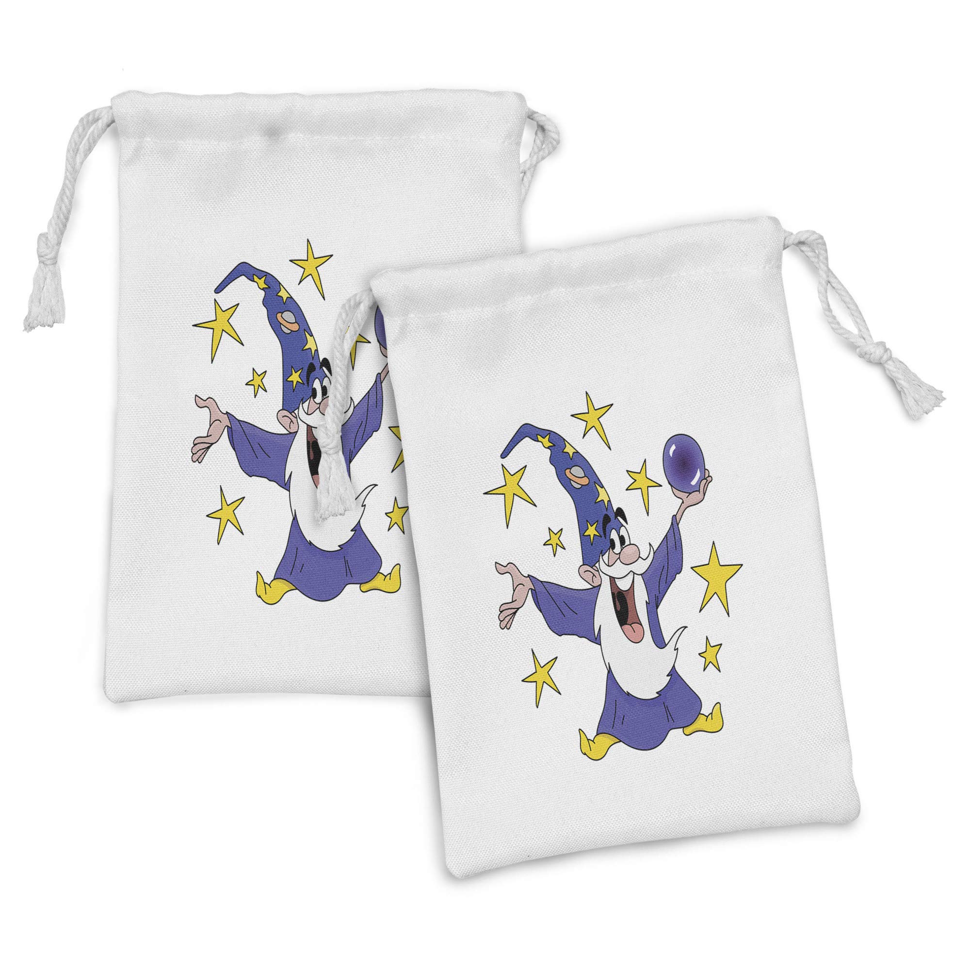 Ambesonne 2-Pack Magician Fabric Pouches - Funny Wizard Character with Starry Hat & Crystal Ball Drawstring Bags (9