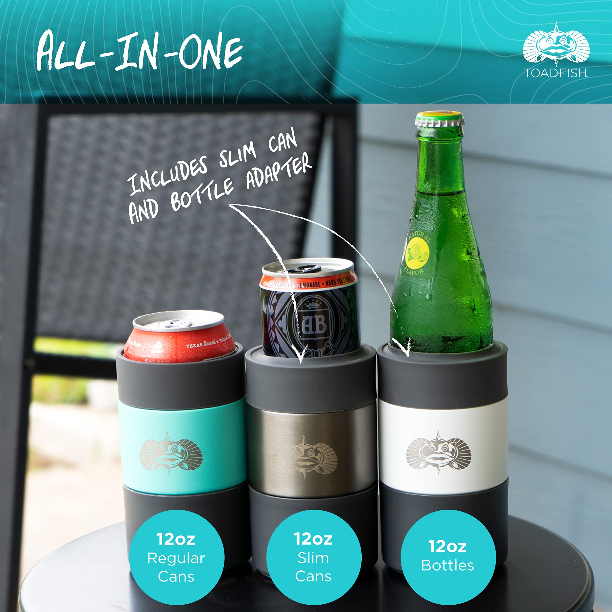 Toadfish Non-Tipping Can Cooler for 12oz Cans - Suction Cup Beer & Soda Cooler with Slim Can Adapter - Stainless Steel Double-Wall Vacuum Insulated Drink Holder - White - Perfect for Beach, Pool, Boating & Outdoor Parties