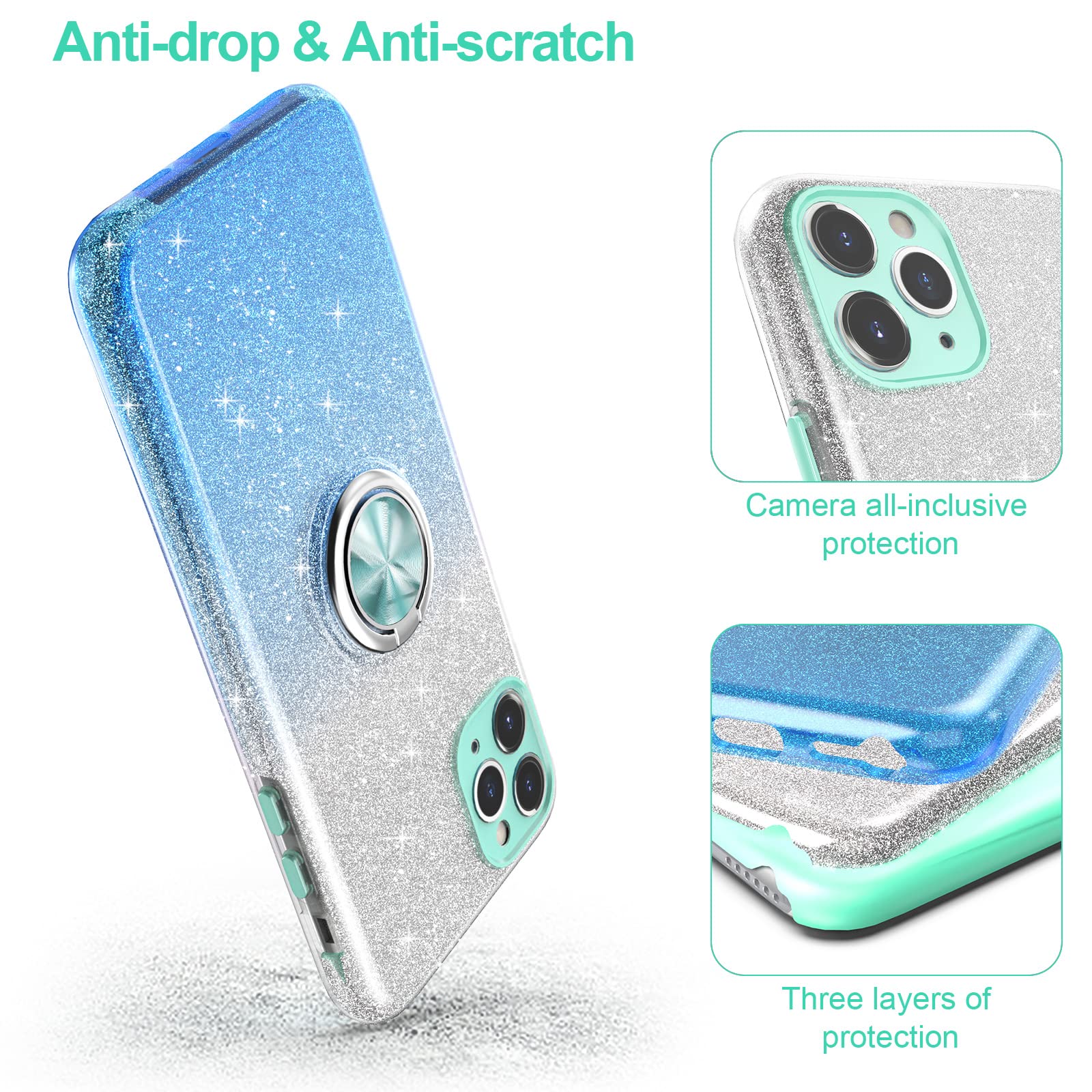 Slim Glitter Sparkly Case with 360° Ring Holder & Kickstand for iPhone 11 Pro Max (6.5