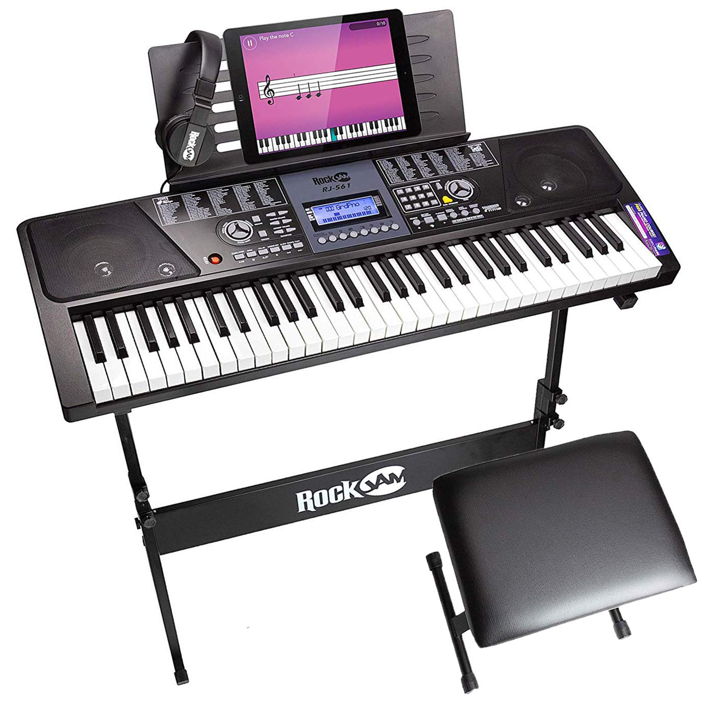 RockJam 61-Key Electronic Keyboard Piano with LCD Display, Stand, Bench, Headphones & Keynote Stickers - Complete Beginner Piano Kit with Simply Piano App - Perfect for Home Learning, Music Practice & Gift Giving