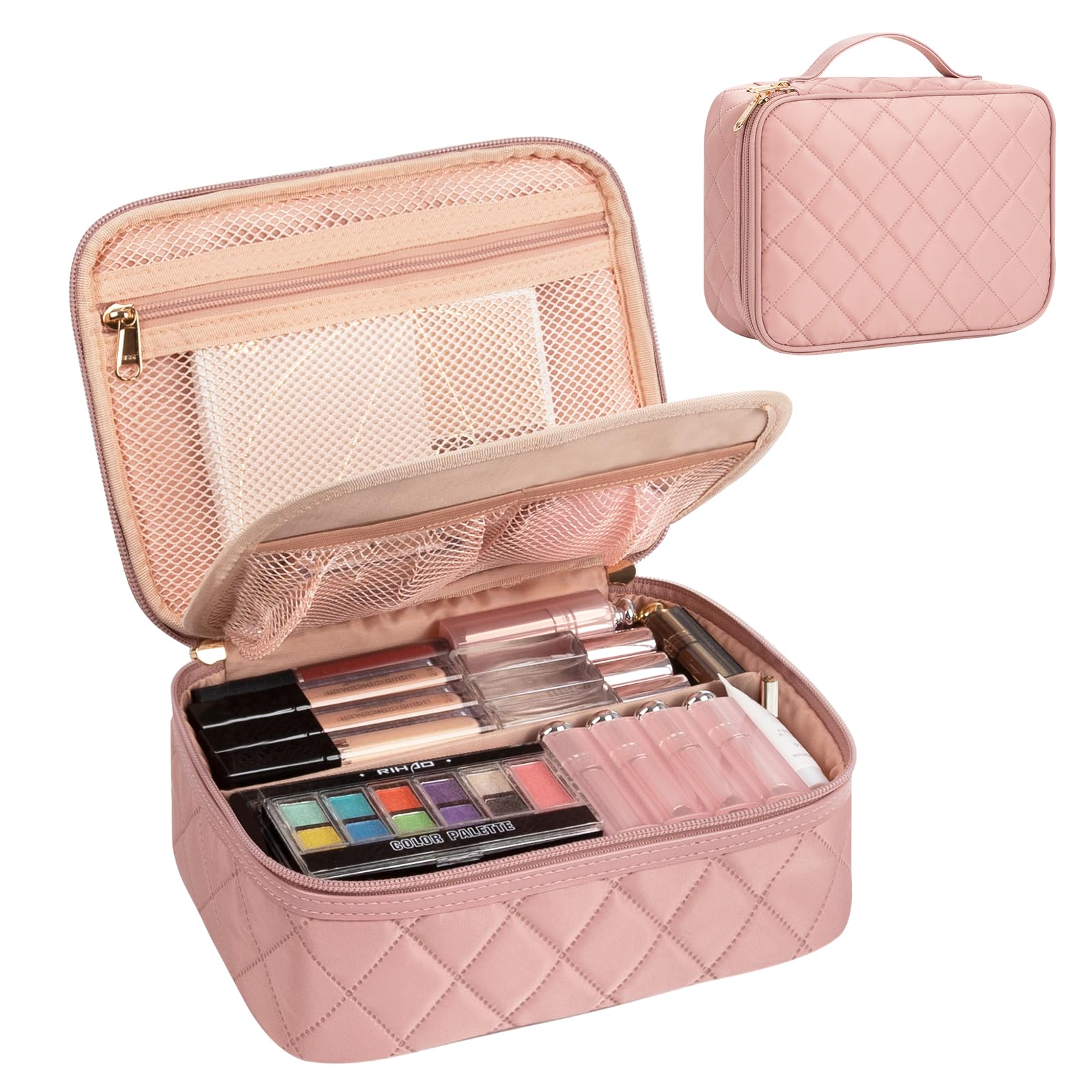 OCHEAL Cute Makeup Organizer Bag with Divider & Brush Compartments - Travel Cosmetic Case for Women & Girls | Perfect for Toiletries, Cosmetics & Accessories | Ideal for Travel, Gym & Daily Use (Nude Pink)
