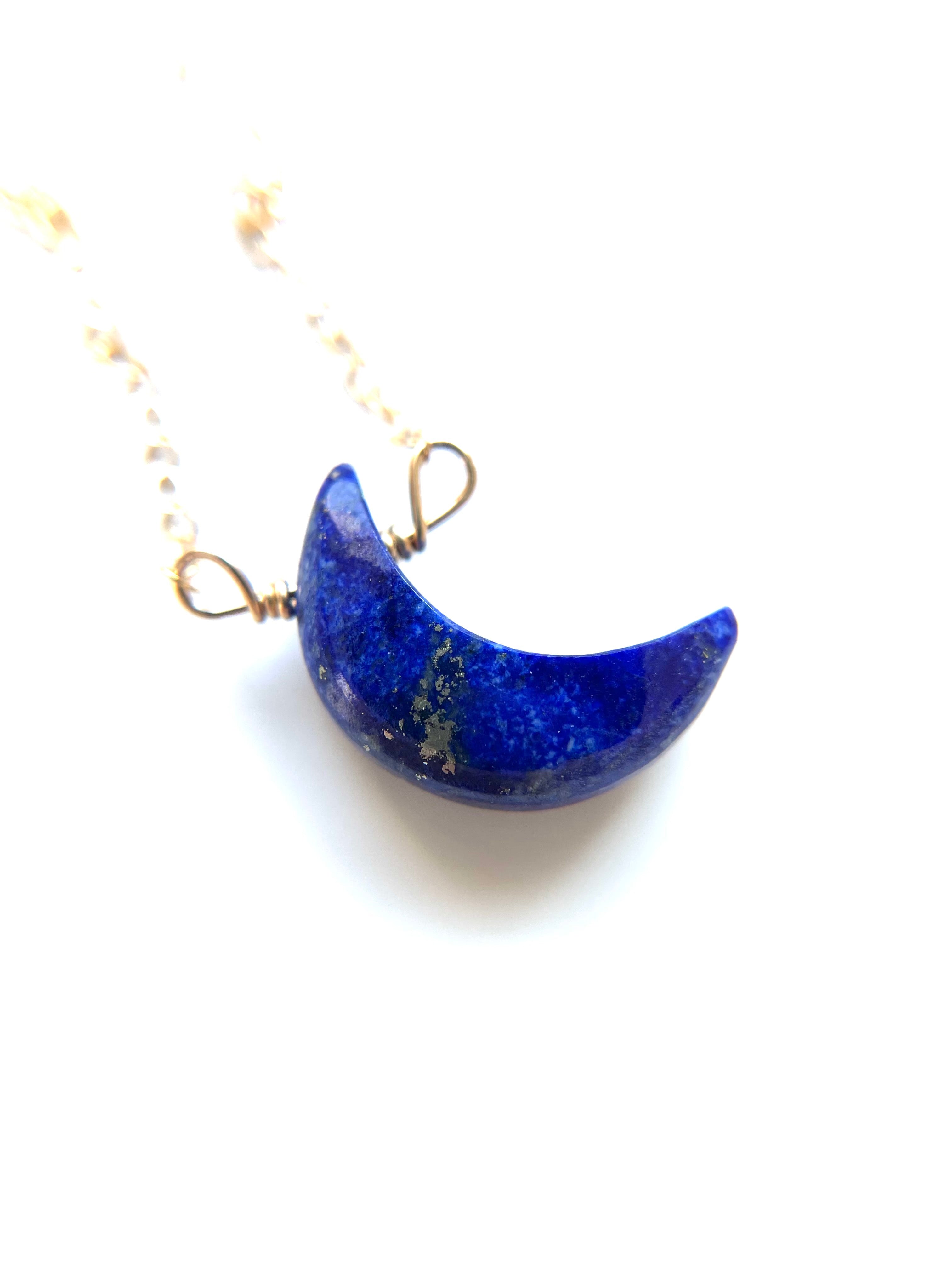 Blue Lapis Lazuli Crescent Moon Necklace - 14K Gold Plated Gemstone Jewelry for Women | Raw Stone Crystal Pendant for Spiritual Healing, Meditation & Boho Fashion