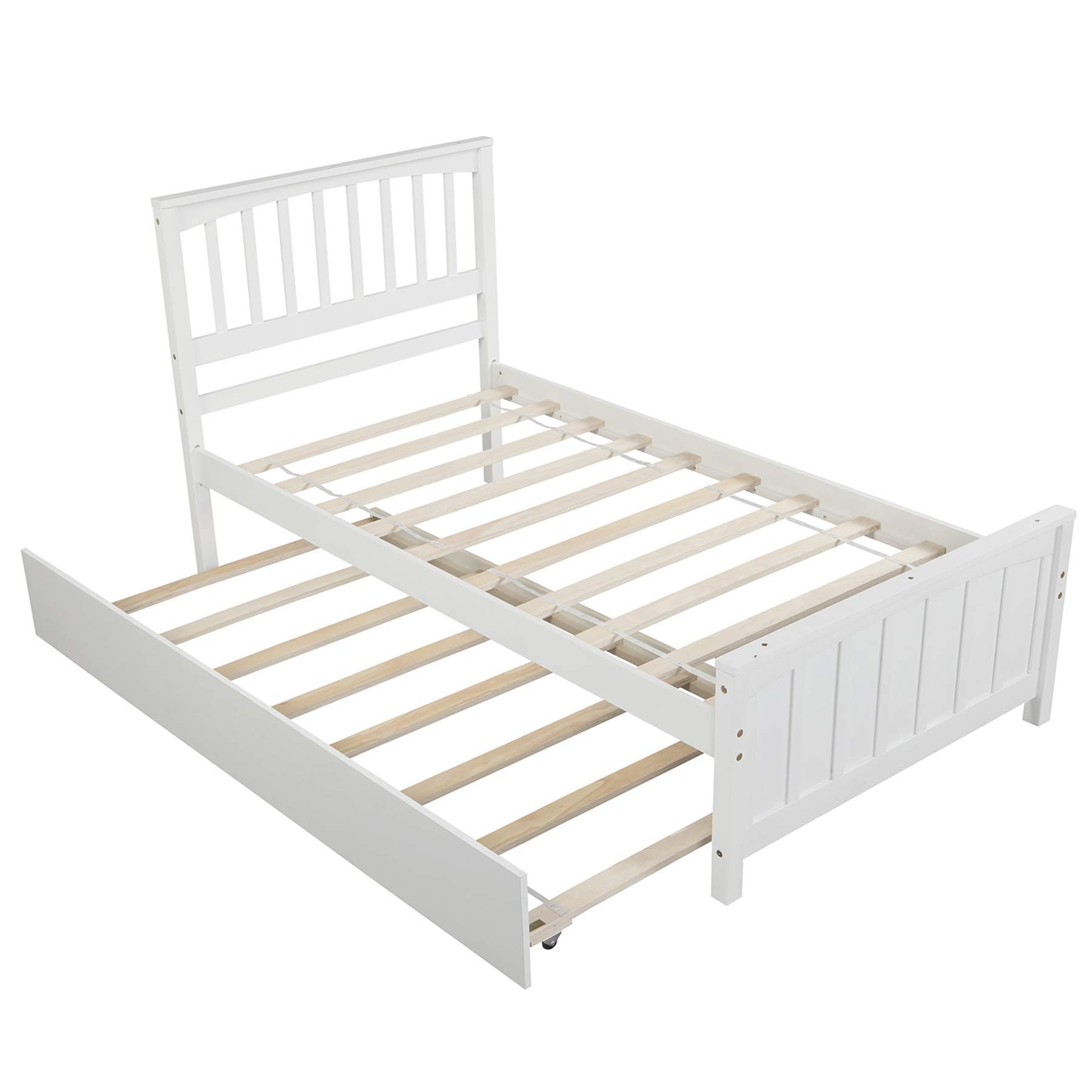 P PURLOVE Twin Size Wood Platform Bed Frame with Trundle - No Box Spring Needed, White - Perfect for Kids' Rooms, Guest Bedrooms & Small Spaces