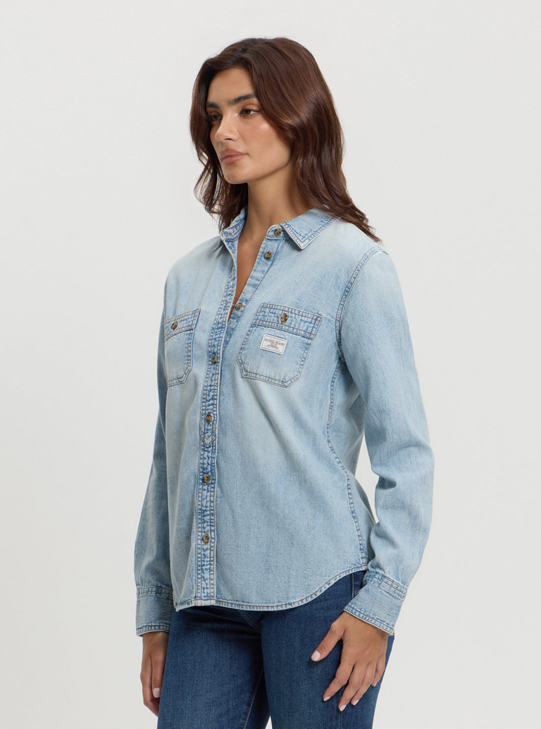 Guess Women's Blue Denim Shirt - Classic Regular Fit Button Down Shirt for Casual Wear, Layering & Everyday Outfits