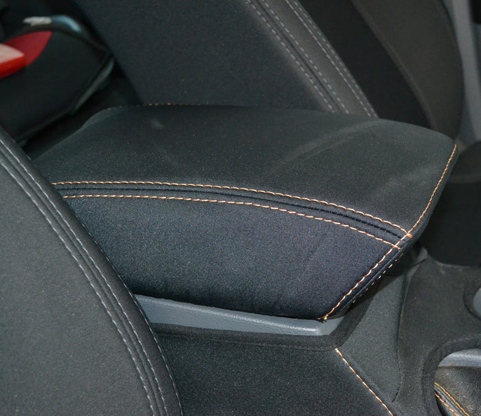 Black Neoprene Console Cover for Ford Ranger PX2/3 Dual Cab (2015-2023) with Orange Stitch - Durable & Custom Fit (Model CC T BO F 936CC) - Perfect for Road Trips, Off-Roading & Daily Commute