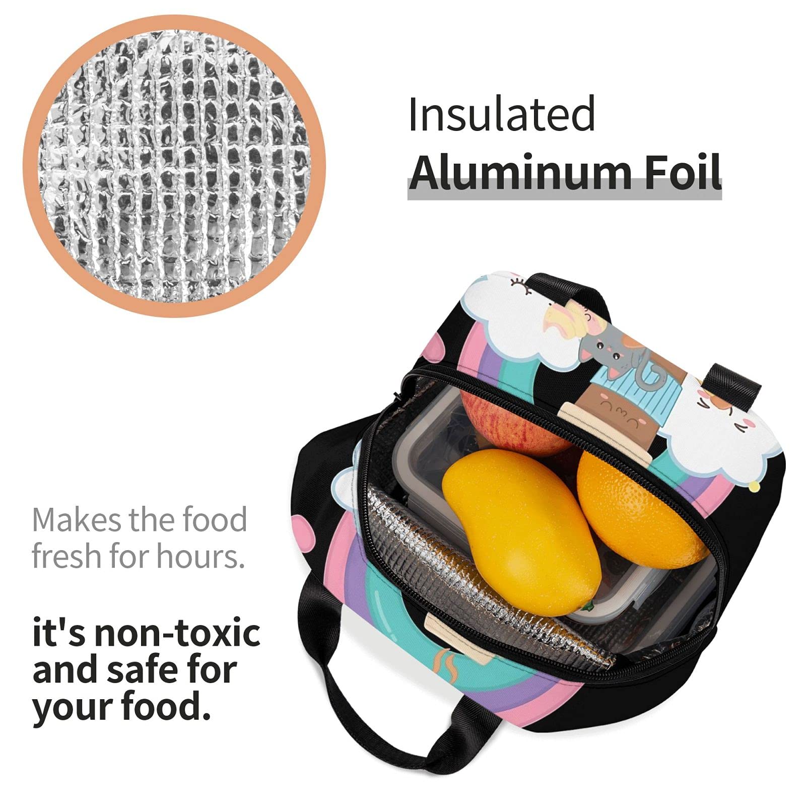 **Insulated Lunch Bag Reusable - Leakproof Cooler Tote for Work, School & Picnic - Cute Cat Print Lunch Box with Front Pocket for Women, Men, Kids**    *(Perfect for office meals, school lunches, outdoor picnics, and travel snacks!)*