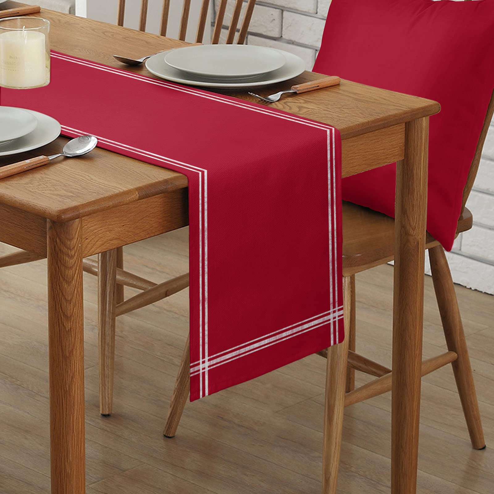 Farmhouse Red Linen Stripe Table Runner - 90 Inch Long Non-Slip Washable Dining Table Decor for Wedding, Party & Holiday Dinner | Perfect for Rustic Home Decor, Coffee Table Setting & Seasonal Celebrations