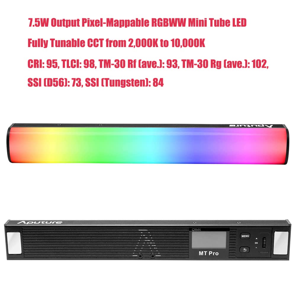 Aputure MT Pro Pixel-Mappable RGBWW Mini Tube LED Light - 7.5W, 2000K-10000K Color Temperature, 614 Lux @ 0.5m (6500K) with Grid - Perfect for Photography, Videography, and Studio Lighting