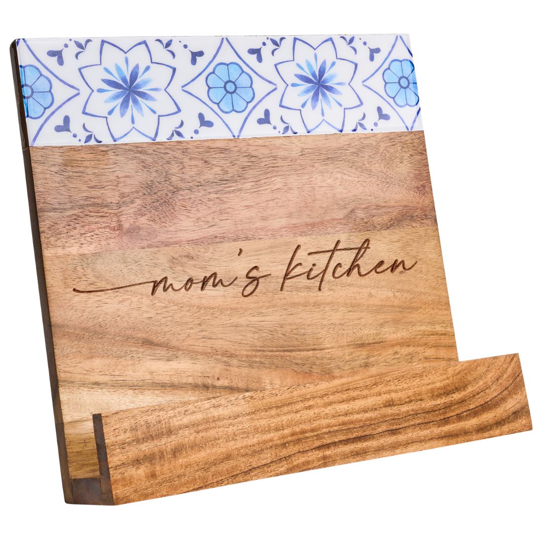 Acacia Wood Cookbook Stand with Capri Pattern Enamel - Rustic Kitchen Recipe Holder 11x11 Inches | Perfect for Baking, Cooking & Displaying Family Recipes