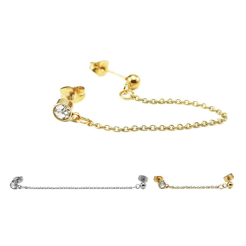 14K Gold Plated Round CZ Chain Earrings for Helix to Lobe - Hypoallergenic 304 Stainless Steel Cartilage Jewelry - Perfect for Everyday Wear & Special Occasions