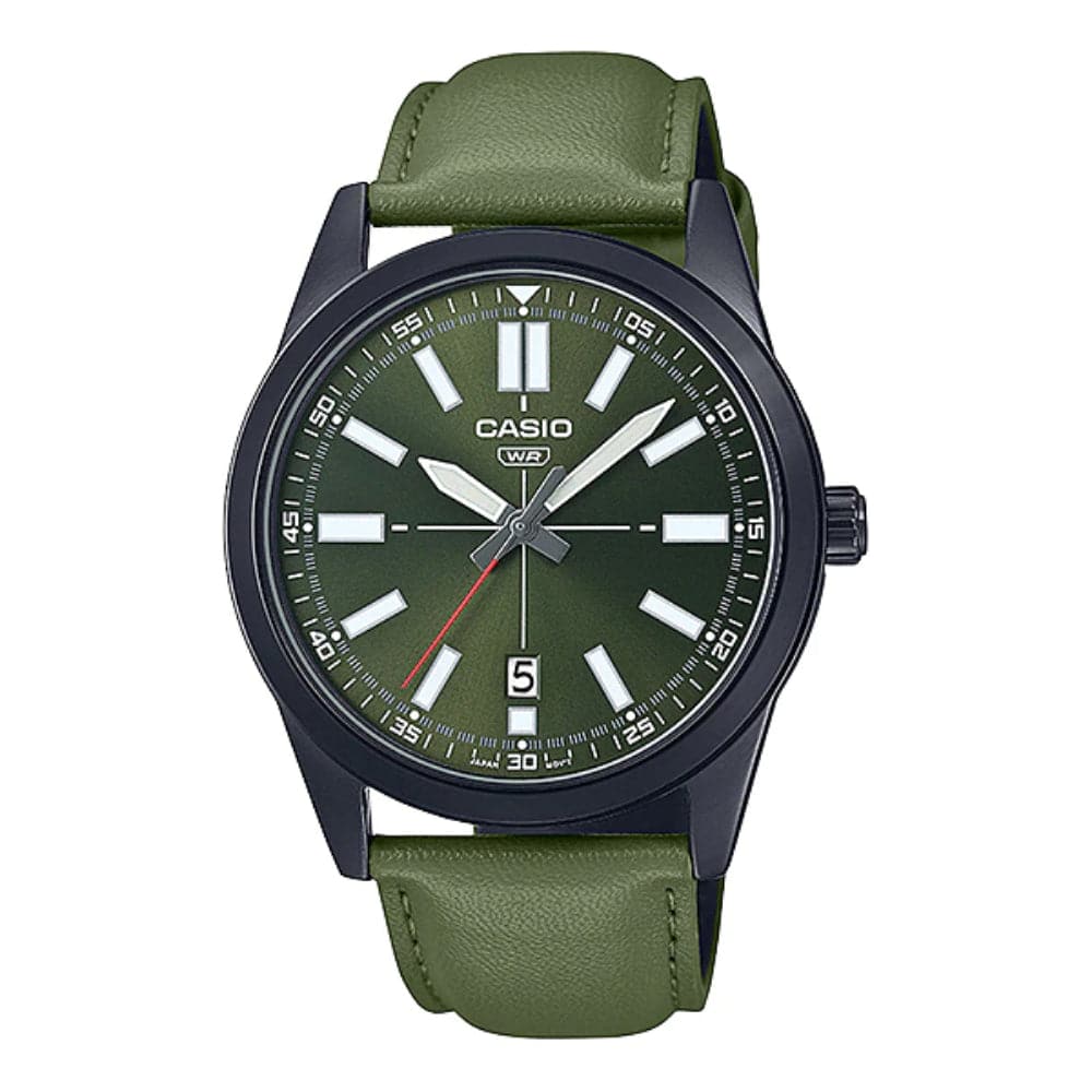 CASIO MTP-VD02BL-3EUDF Analog Men's Watch with Green Leather Strap - Stylish & Durable for Business, Casual & Outdoor Activities