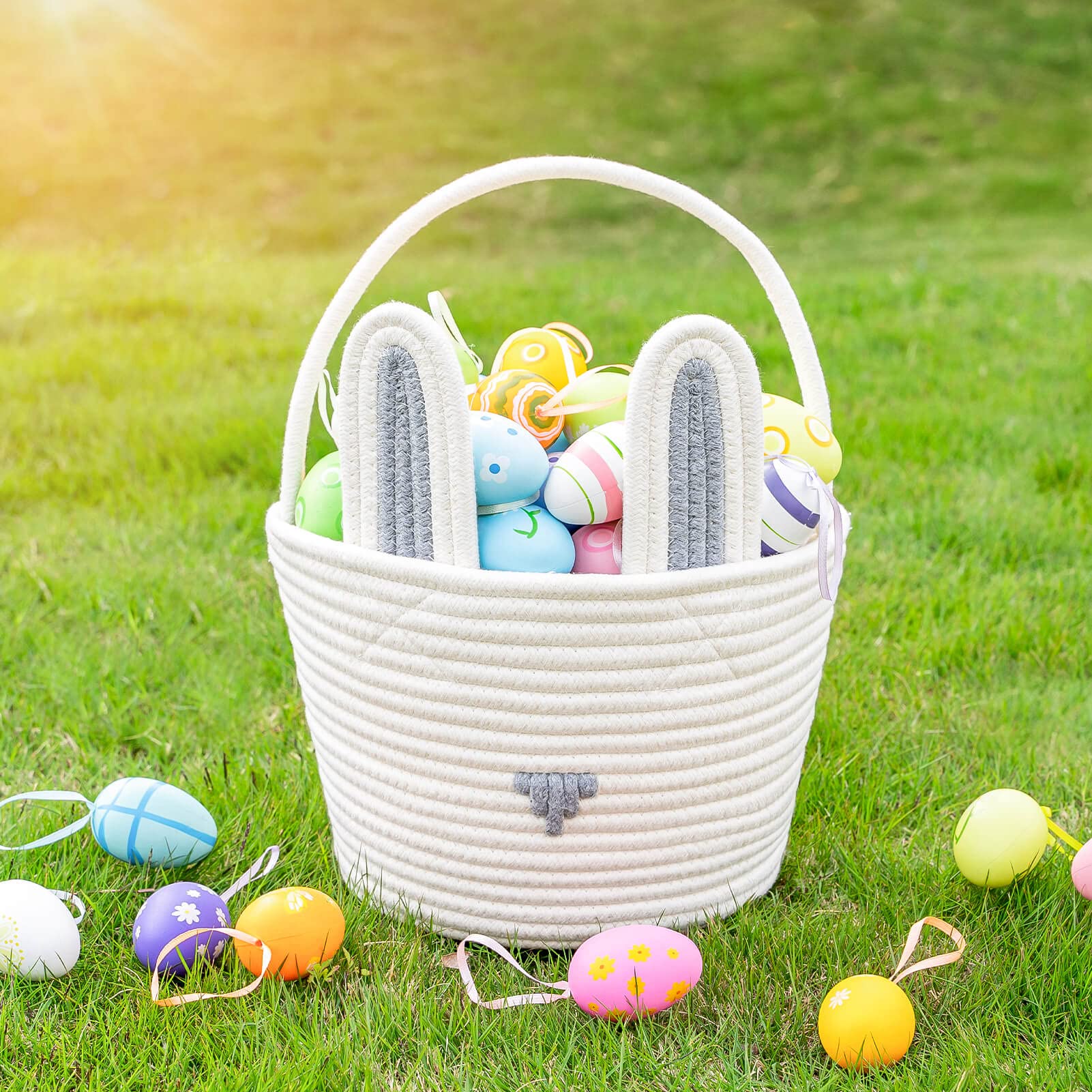 CubesLand Easter Baskets for Kids - Bunny Themed Easter Egg Hunt Basket, Cute Baby Gift & Party Decor (9.8 x 7.8 x 7.8 Inches, Grey White) - Perfect for Easter Celebrations, Egg Hunts & Spring Decorations