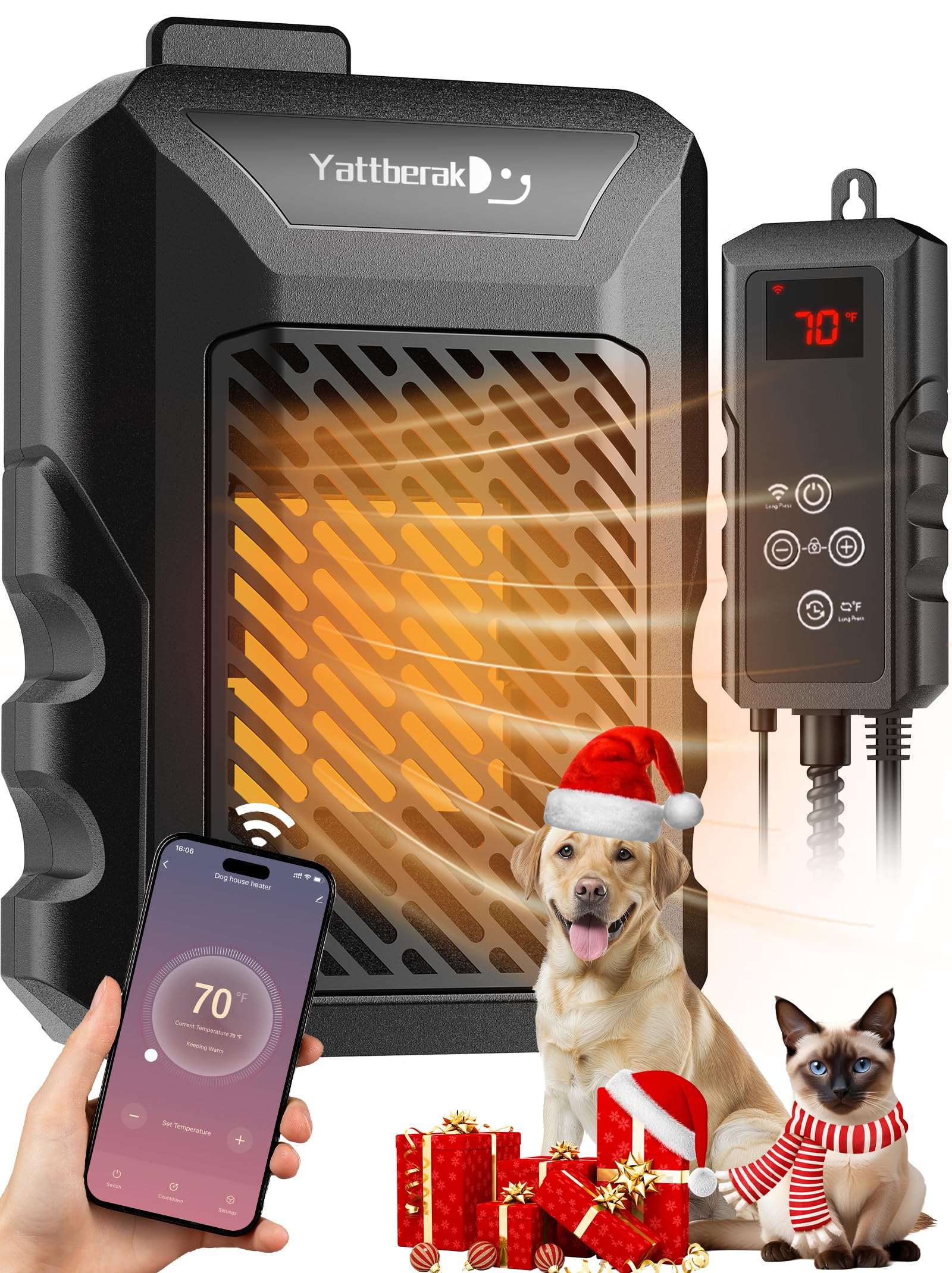 WiFi Dog House Heater with APP Control - 500W Adjustable Thermostat (41°F-113°F), 24H Timer, IPX5 Waterproof & Chew-Proof Cord - Safe Outdoor Pet Heater for Dogs & Cats - Perfect for Winter Kennels, Garages, and Outdoor Shelters