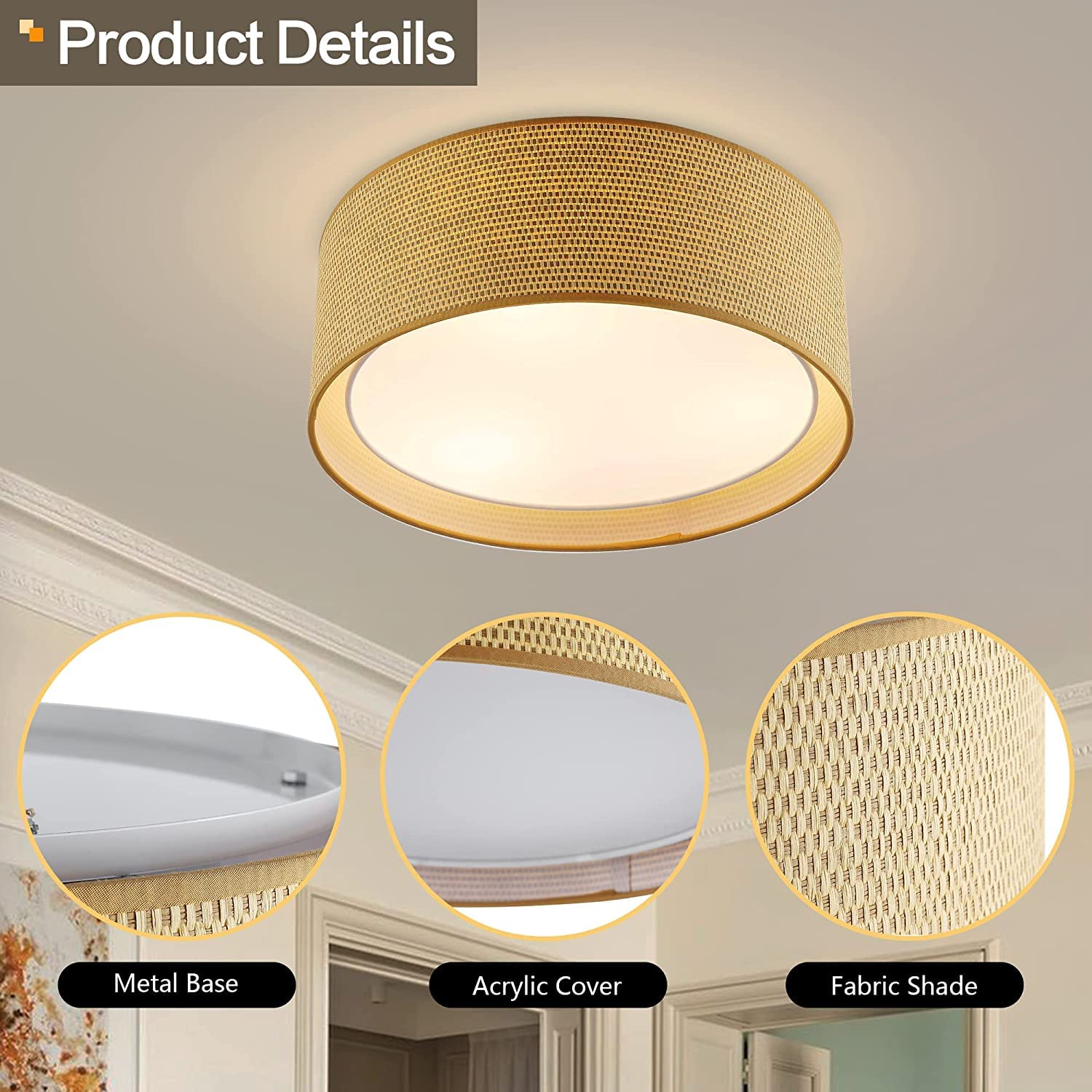 WINGBO 20 Inch Modern 5-Light Flush Mount Ceiling Light Fixture with Fabric & Acrylic Double Drum Shade - Elegant Lighting for Bedroom, Living Room, Dining Room, Hallway & Entryway in Flaxen - Perfect for Home Decor and Ambient Lighting