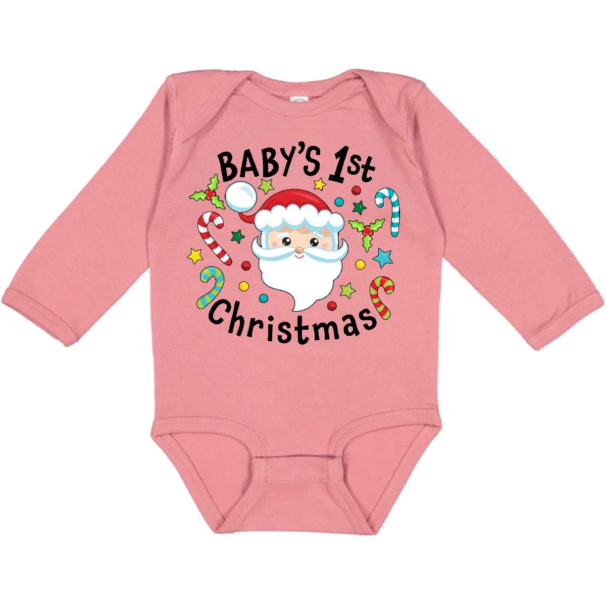 Inktastic Baby's 1st Christmas Santa with Candy Canes Long Sleeve Bodysuit - Adorable Holiday Outfit for Newborns & Infants - Perfect for Christmas Photos, Family Gatherings & Festive Celebrations