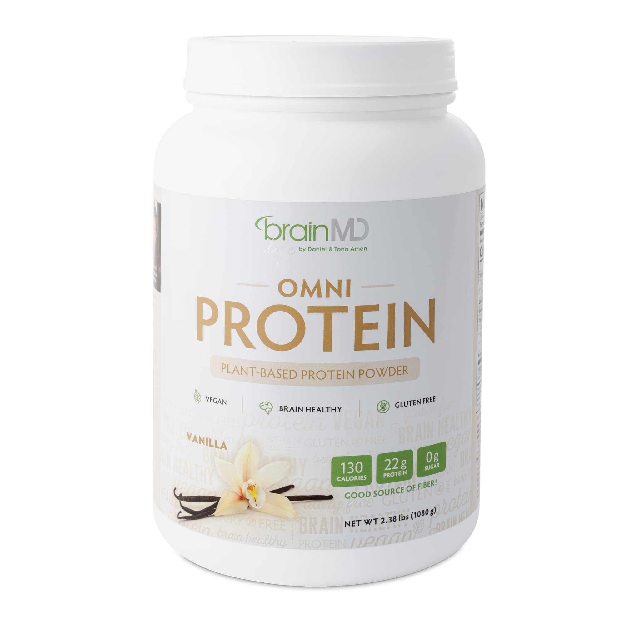 BRAINMD Dr Amen Omni Protein Vanilla - 2.38 lbs Plant-Based Protein Powder for Energy & Muscle Recovery | Vegan, Vegetarian, Sugar-Free, Gluten-Free Protein Supplement | 30 Servings for Post-Workout, Smoothies & Healthy Lifestyle