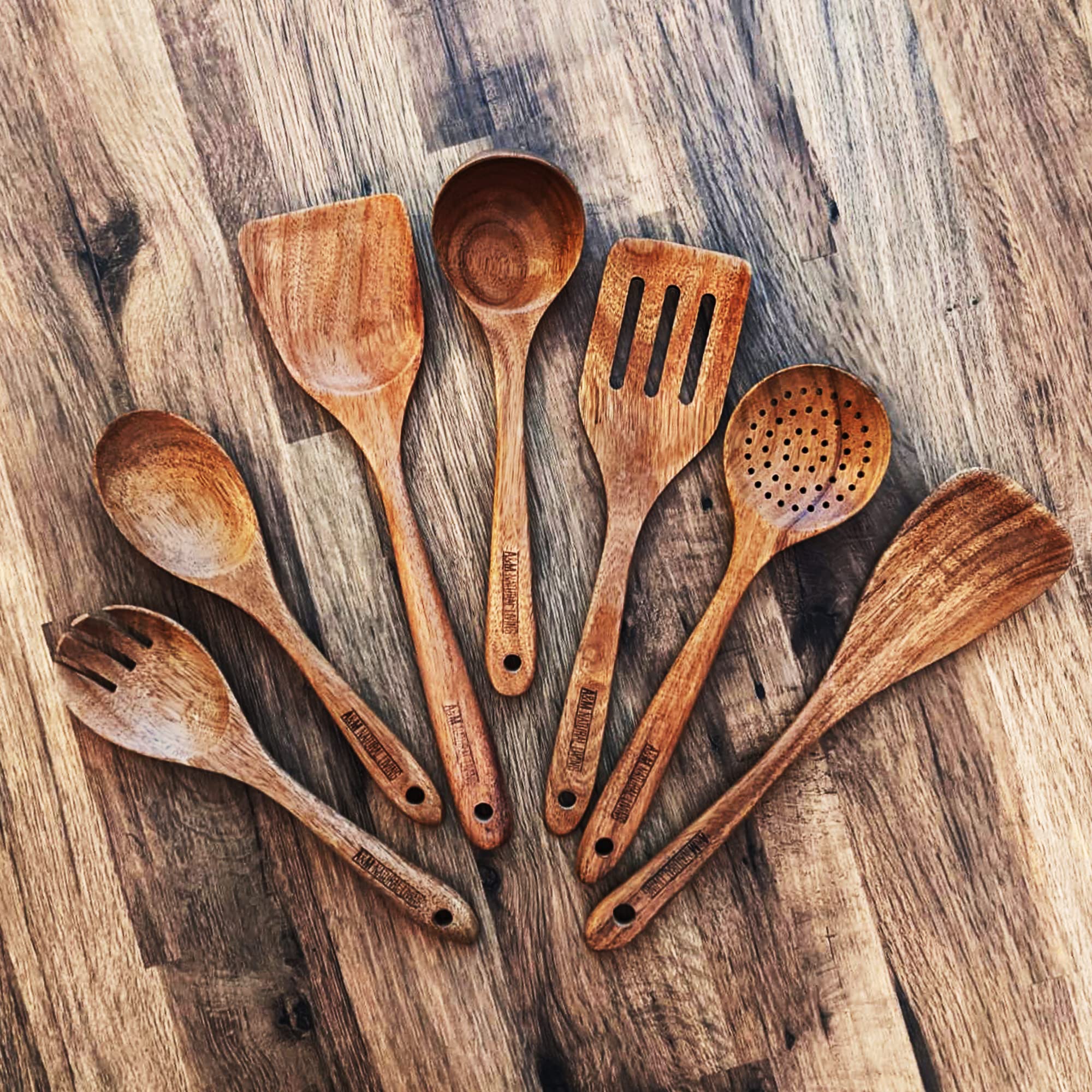 **A&M 7-Piece Natural Wooden Kitchen Utensil Set - Wooden Spoons, Serving Spoon & Spatula for Cooking, Baking & Serving - Eco-Friendly Non-Stick Cookware Accessories (Perfect for Home Kitchen, Camping & Gifting)**