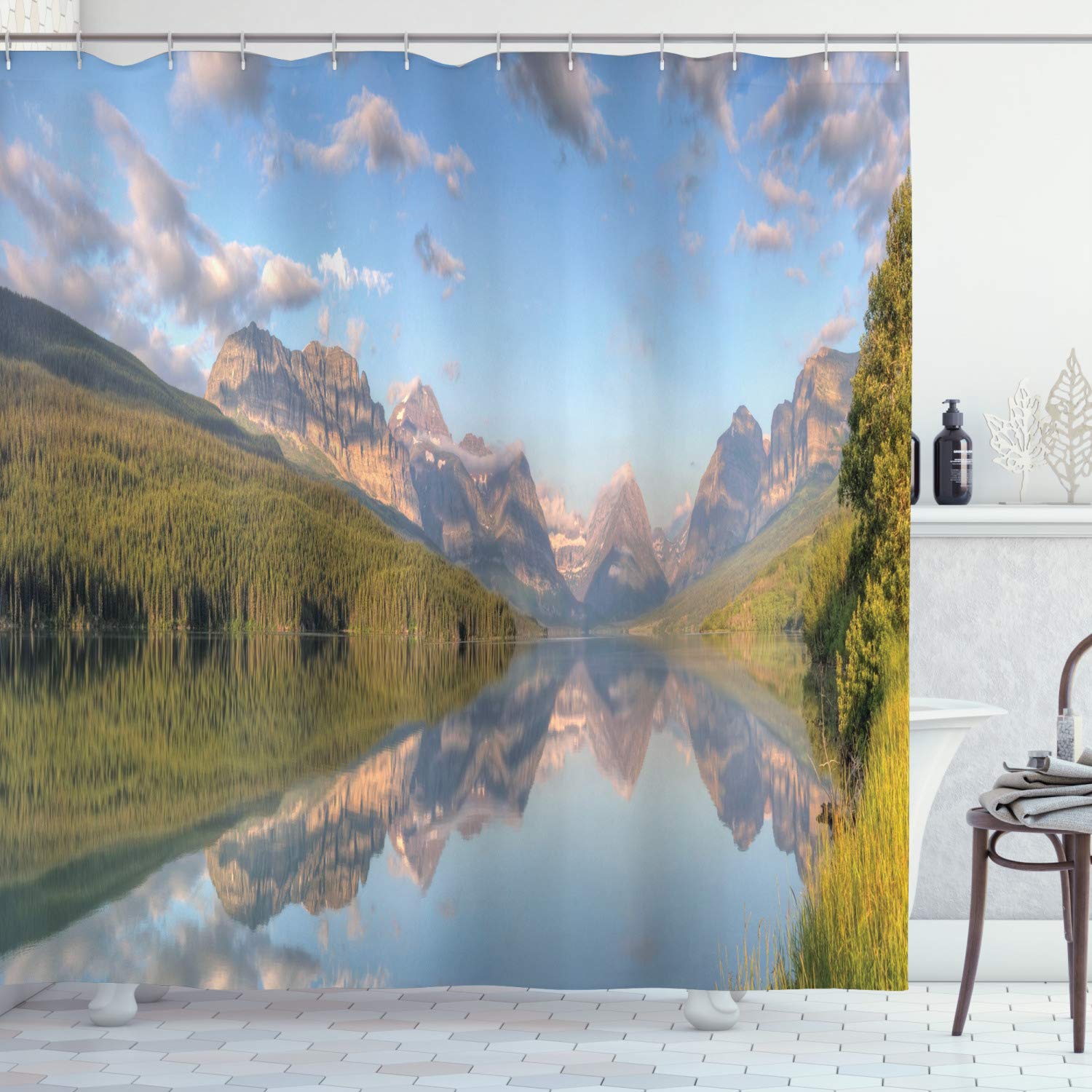 Ambesonne Glacier National Park Shower Curtain - Panoramic Lake Sherburne Morning View Design, 69x75 Inch Waterproof Fabric Bathroom Decor with Hooks | Perfect for Nature-Inspired Bathroom Themes & Montana-Themed Home Decor