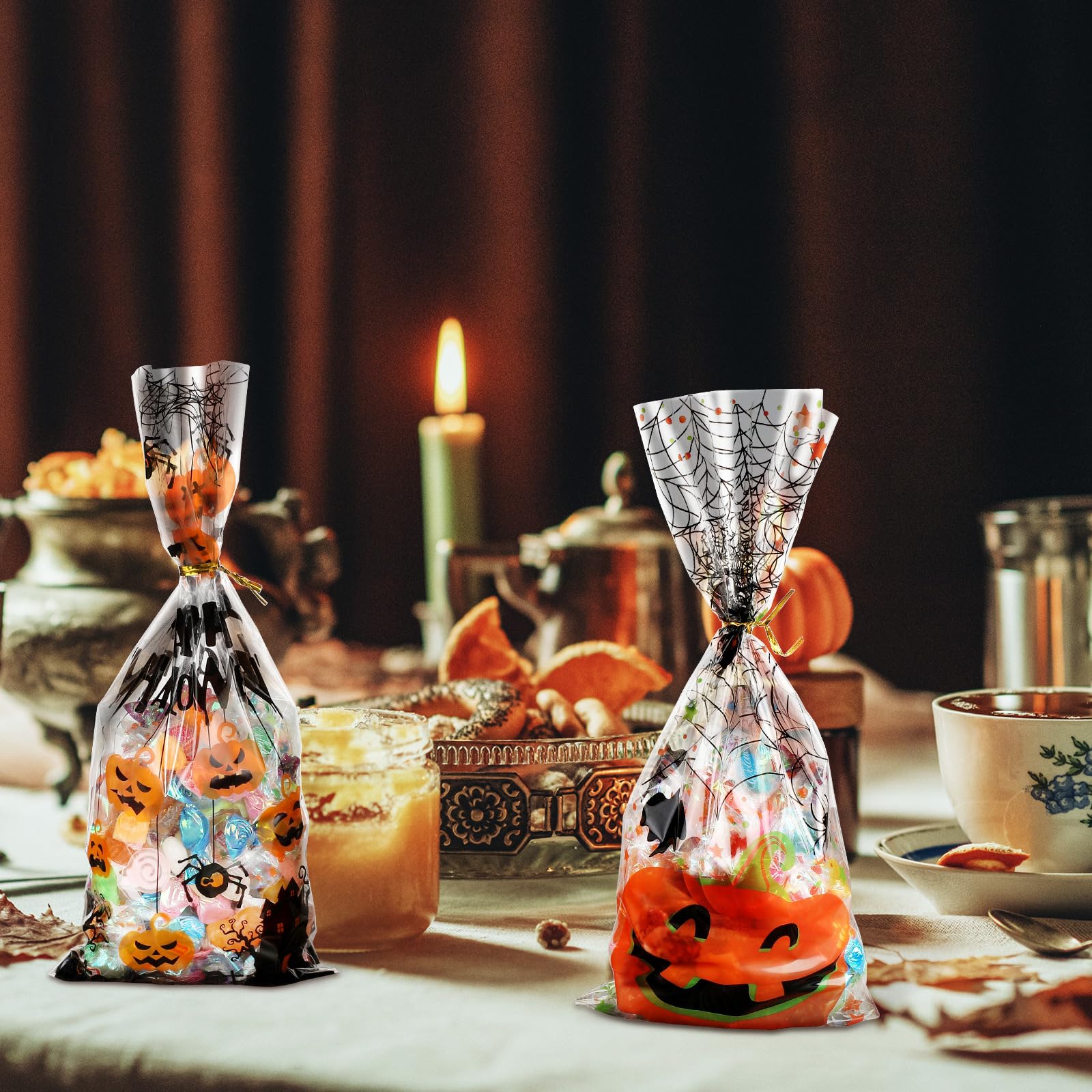 Zonon 150-Piece Halloween Candy Bags Set - Pumpkin Skeleton Spider Printed Cellophane Treat Bags with 200 Twist Ties for Party Favors, Trick-or-Treating & Halloween Gift Wrapping