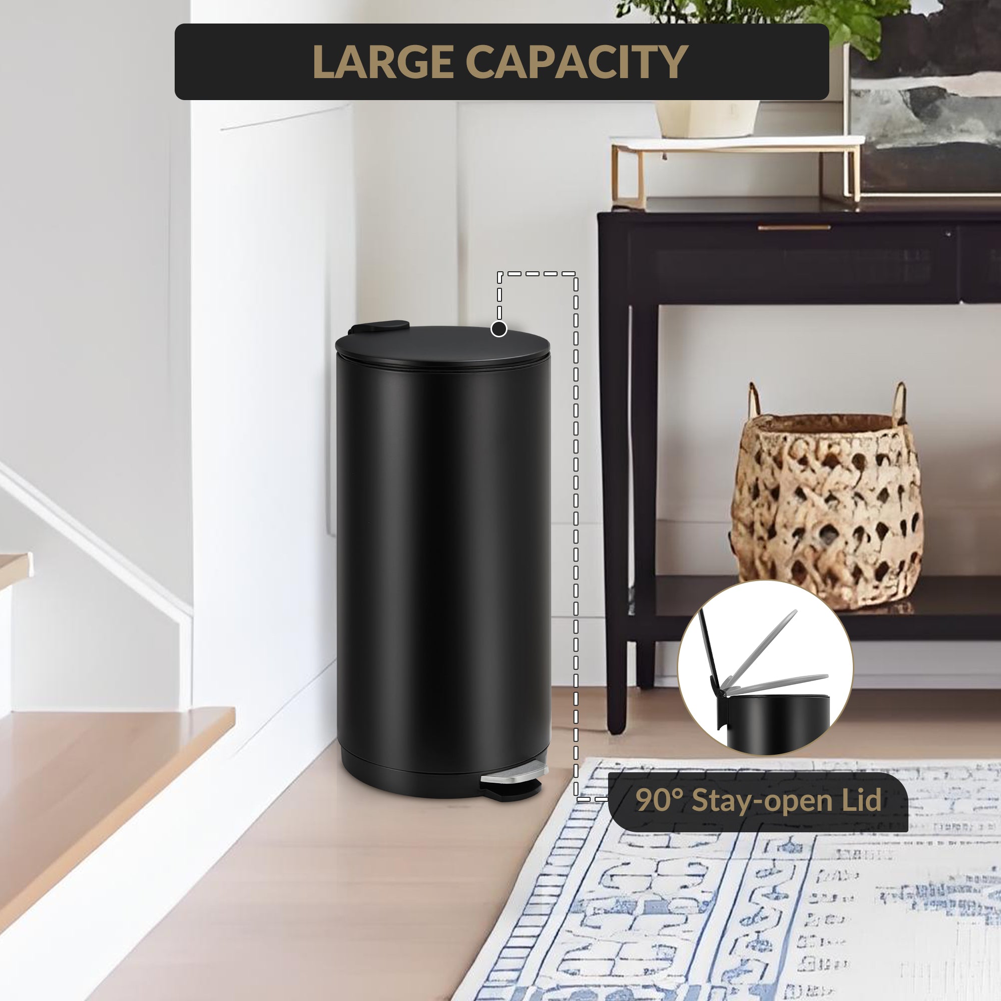 GARVEE 30L/8 Gallon Round Trash Can with Soft Close Lid & Foot Pedal - Modern Compact Waste Bin with Removable Inner Bucket for Bedroom, Living Room, Office - Black | Perfect for Home, Kitchen & Office Spaces