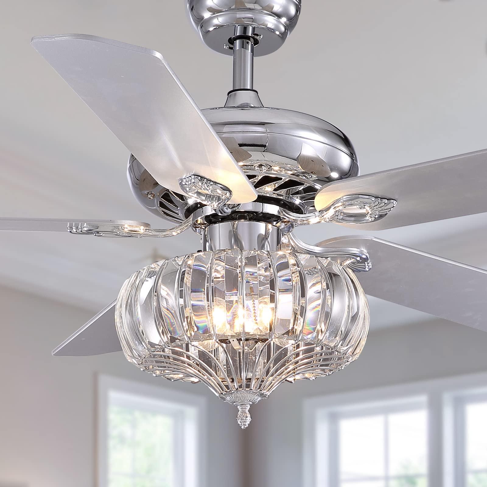 MOOONICHE Modern Crystal Ceiling Fan with Light and Remote Control - 5 Wooden Reversible Blades, 3 Speed Settings - Elegant Chandelier Fan for Bedroom, Living Room & Dining Room - Chrome Finish - Perfect for Home Decor and Air Circulation
