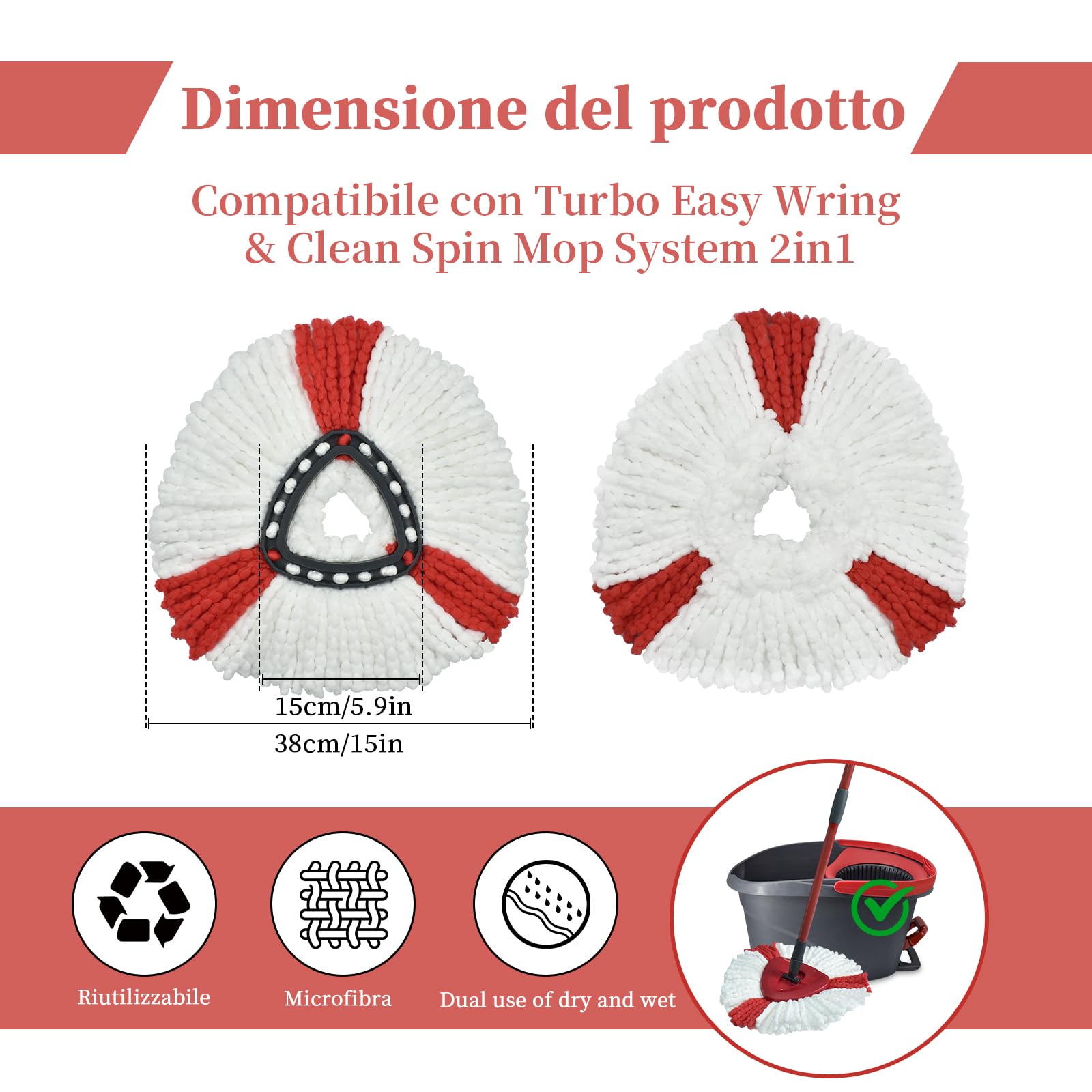 Vileda 2-in-1 Turbo EasyWring & Clean Spin Mop Replacement Microfiber Pads - Compatible Floor Mop Heads - Super Absorbent & Reusable Cleaning Cloths for Hardwood, Tile & Laminate Floors - Perfect for Kitchen, Bathroom & Home Cleaning