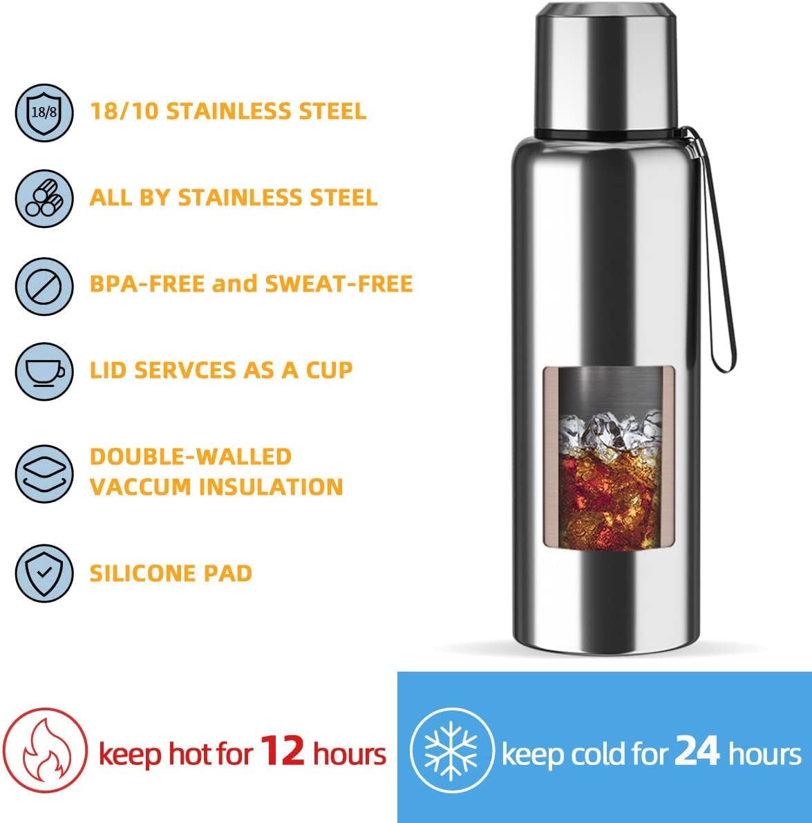 Premium 20oz Insulated Stainless Steel Water Bottle with Sleeve & Strap - Double Wall Vacuum Flask for Hot & Cold Drinks - Keeps Coffee, Tea, Water Temperature for Hours - Perfect for Hiking, Gym, Office & Outdoor Activities (Silver)